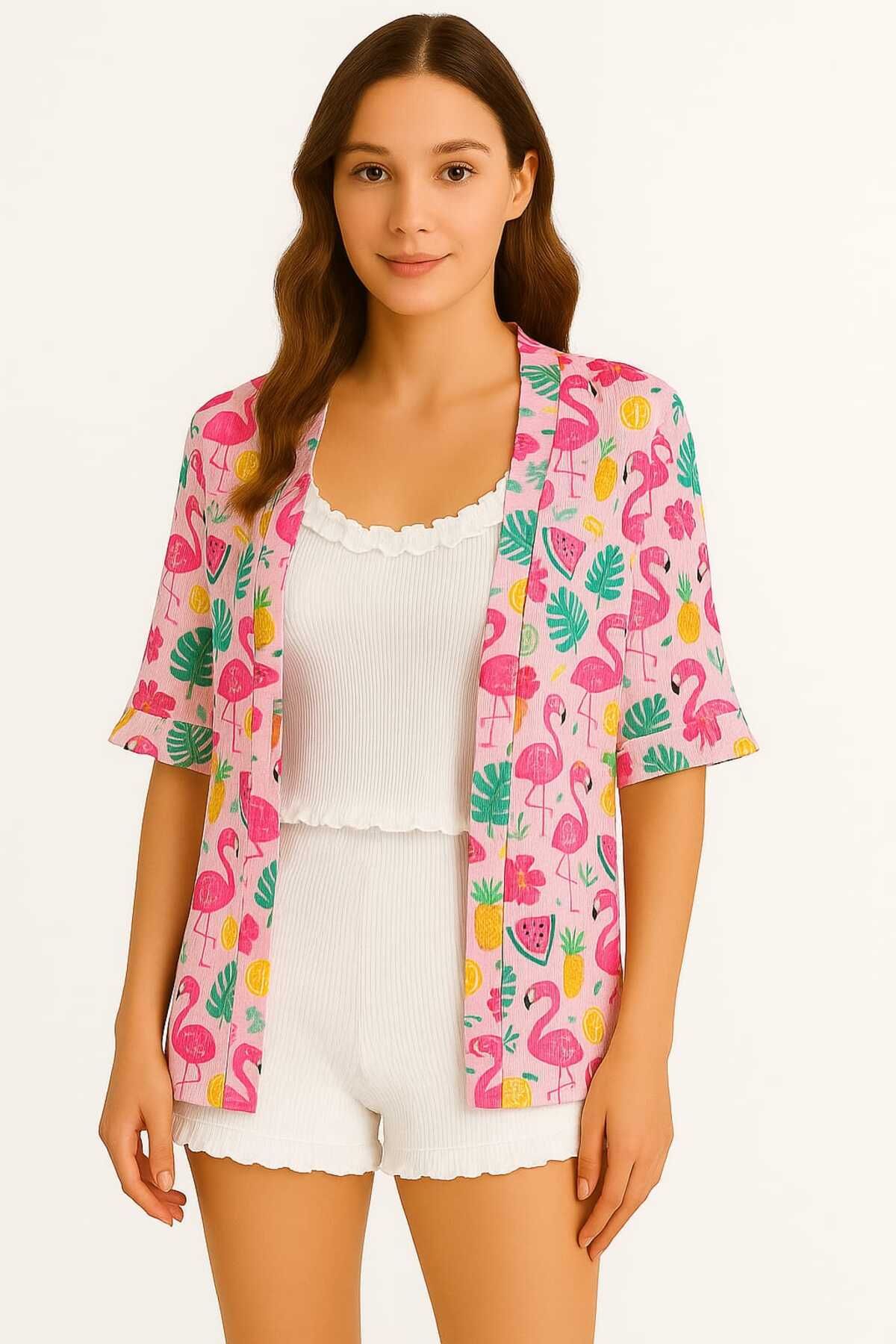 PEMBİŞ HOMEWEAR Fitilli Sabahlıklı Flamingo Desenli Şort Takımı
