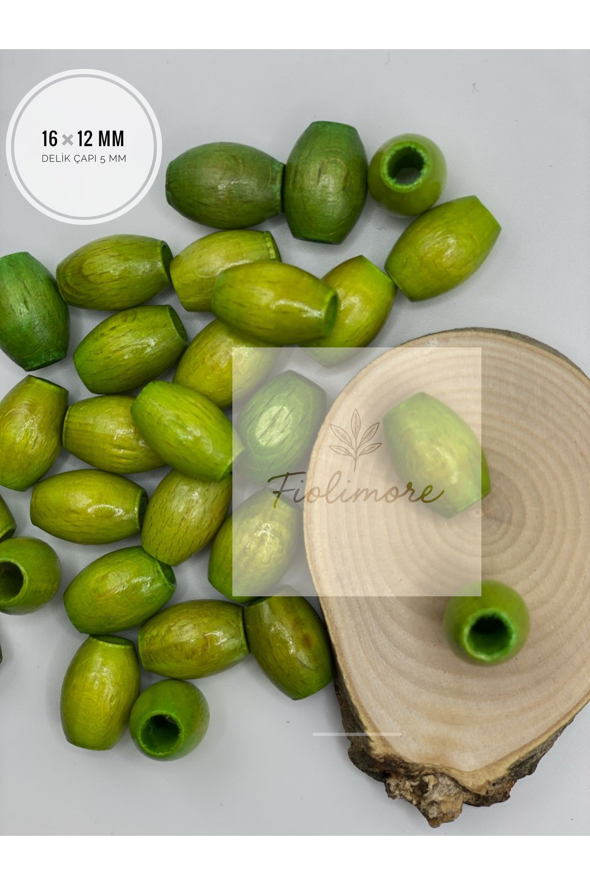 Fiolimore Oval Ahşap Renkli Fıstık Yeşili Boncuk 16x12 mm (50 Gram 75 Adet) Delik Çapı 5 mm Badem Tahta Boncuk