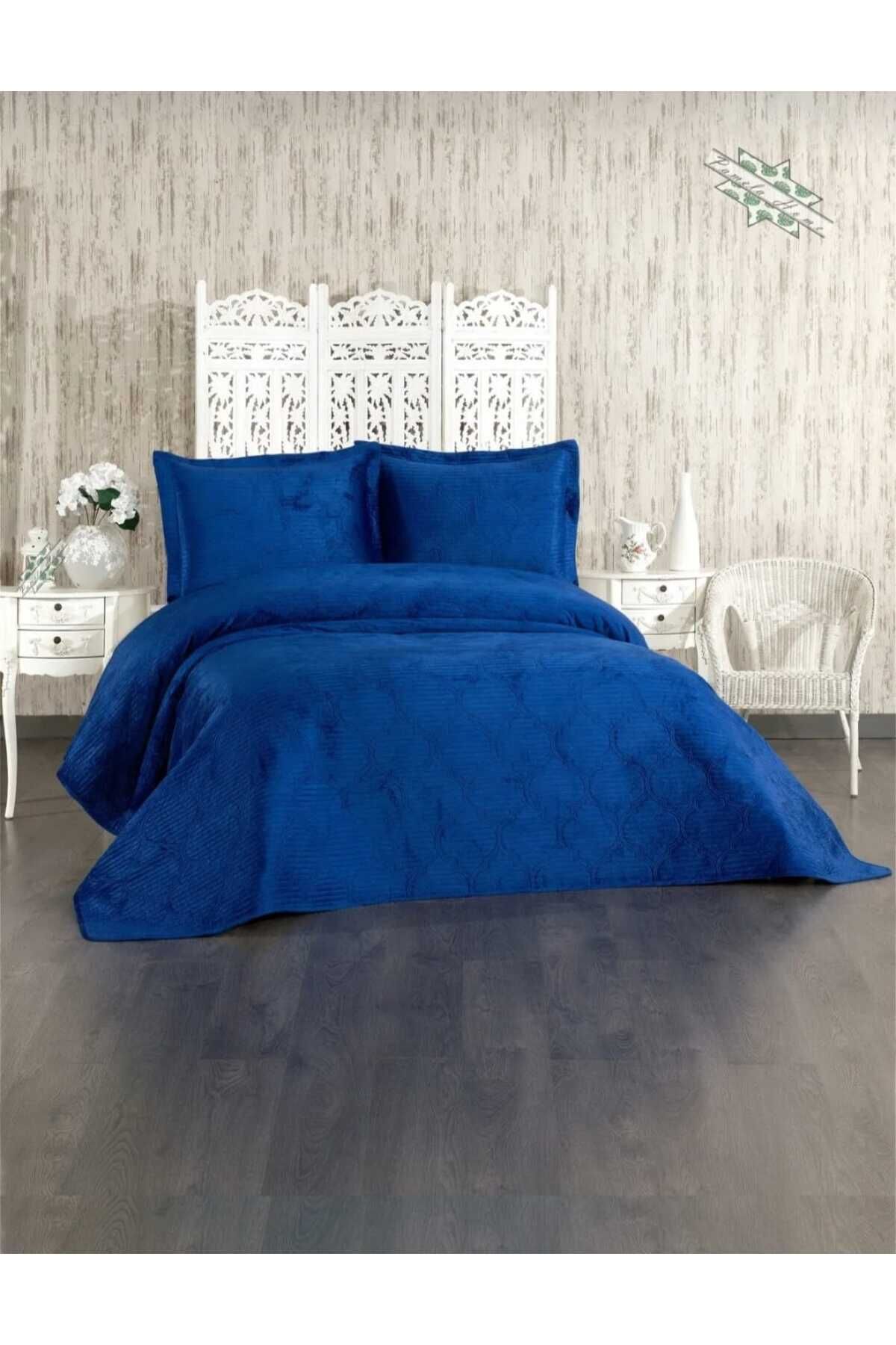 Evcimenhome Çift Kişilik Kadife Yatak Örtüsü Ultrasonik Kapitone 260cmX240cm renk: saks mavi