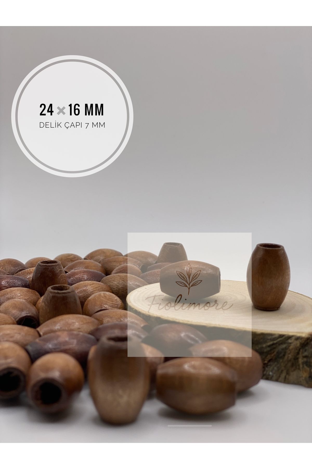 Fiolimore Oval Ahşap Renkli Kahverengi Boncuk 24x16 mm (50 Gram 25 Adet) Delik Çapı 7 mm Badem Tahta Boncuk