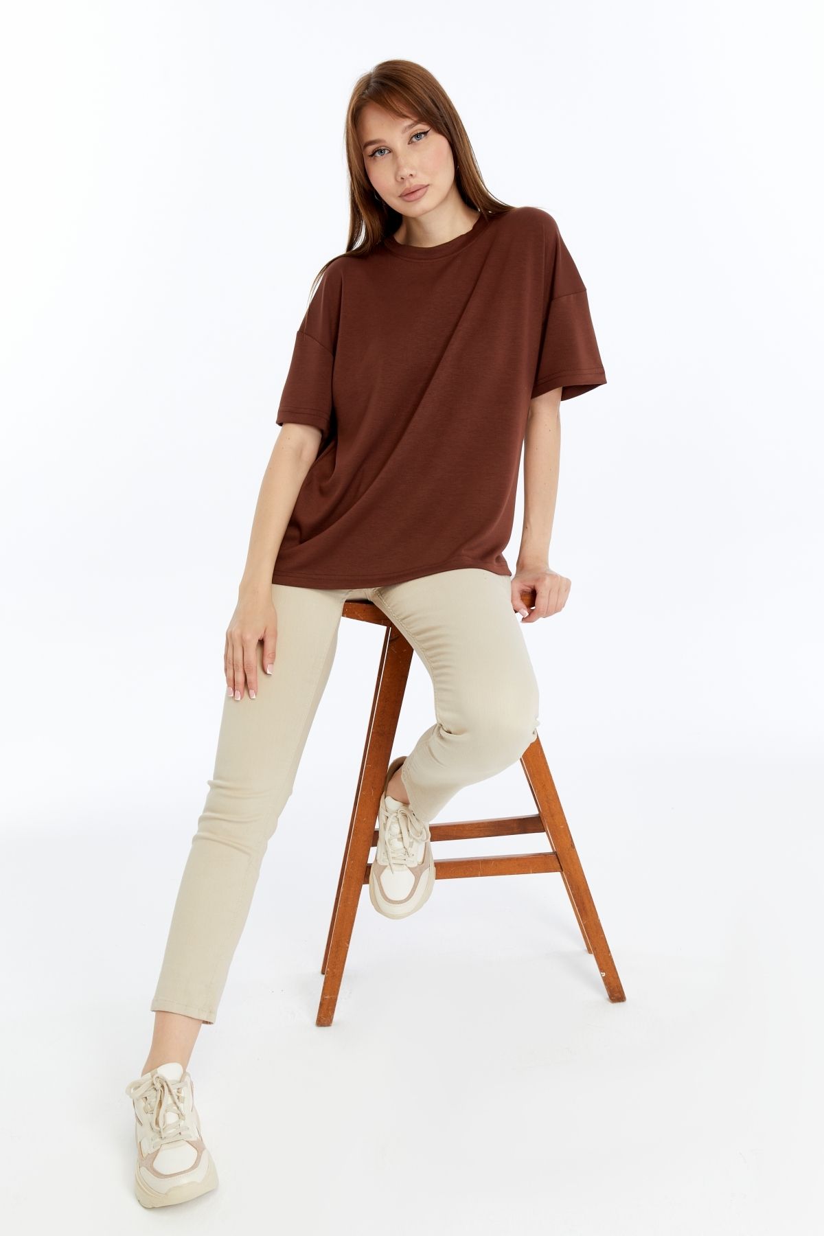 KRAVEN Kadın Modal Tişört Oversize Rahat Bol Kalıp T-Shirt Ağır Kumaş Kolay Kırışmaz Ütü Gerektirmeyen