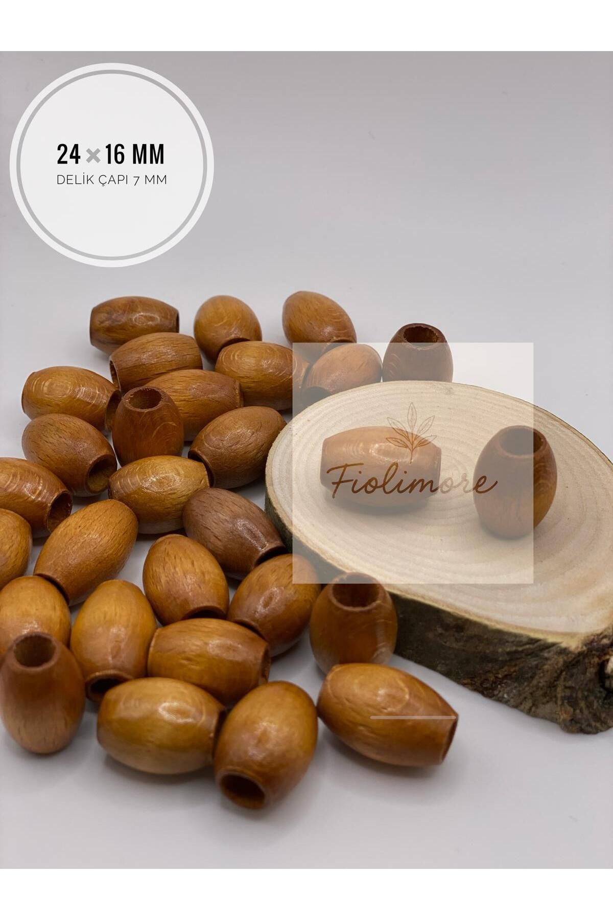 Fiolimore Oval Ahşap Renkli Taba Rengi Boncuk 24x16 mm (25 Gram Adet) Delik Çapı 7 mm Badem Tahta Boncuk