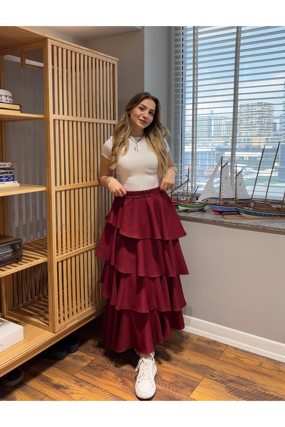 Hatun Atila Modal Kumaş Fırfırlı Etek 5193 Bordo