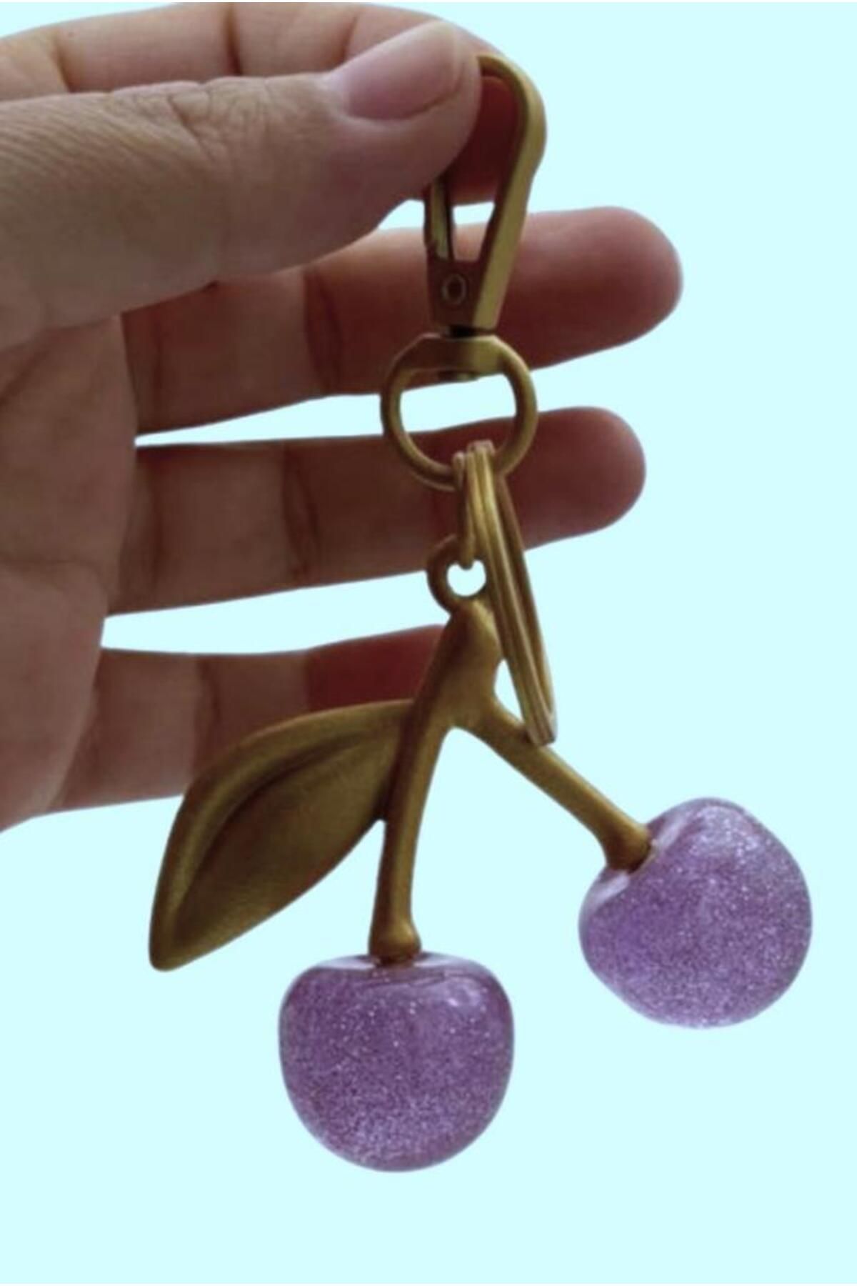 angel çanta aksesuar Angel Çanta Aksesuar Lila Simli Kiraz Anahtarlık , Çanta Süsü Antik- Gold Metalli