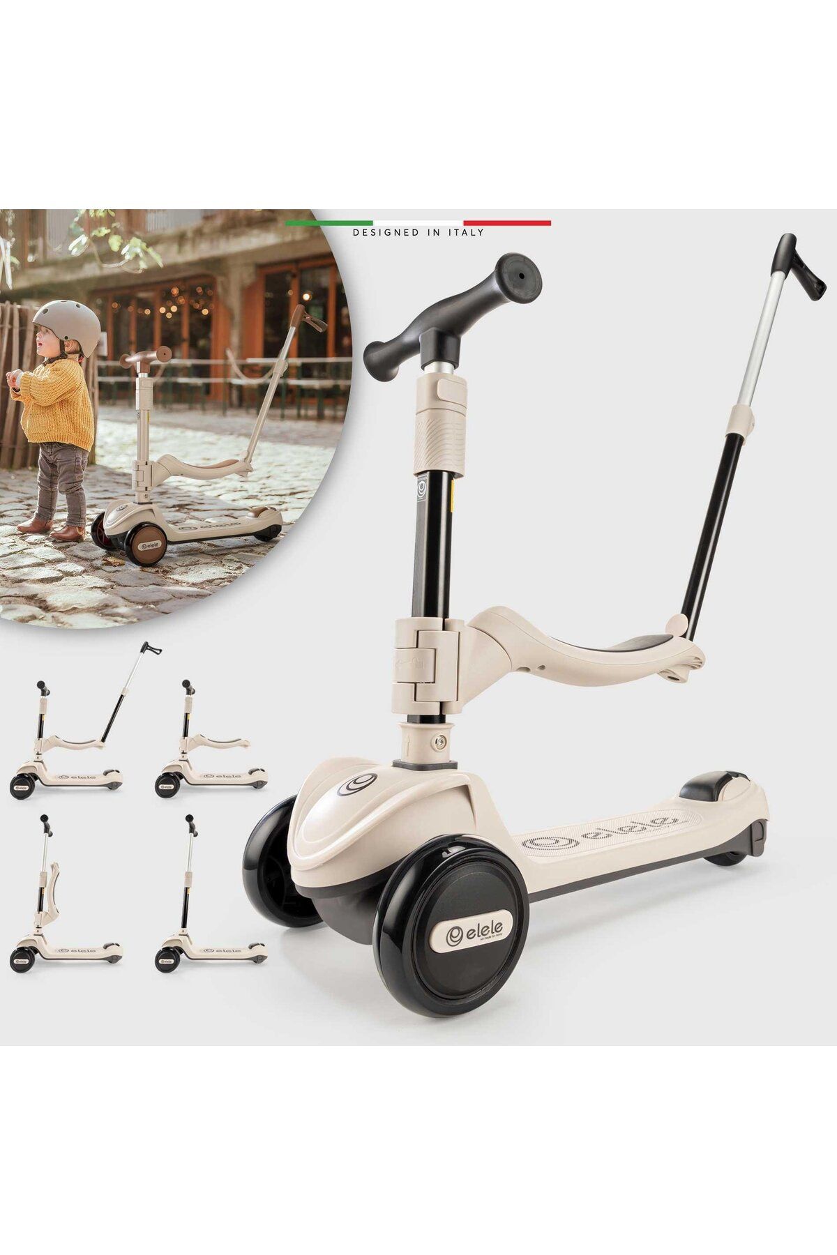 Elele Forte 3in1 Ebeveyn Kontrollü 3 Tekerlekli Çocuk Scooter Işıklı Oturaklı Siyah