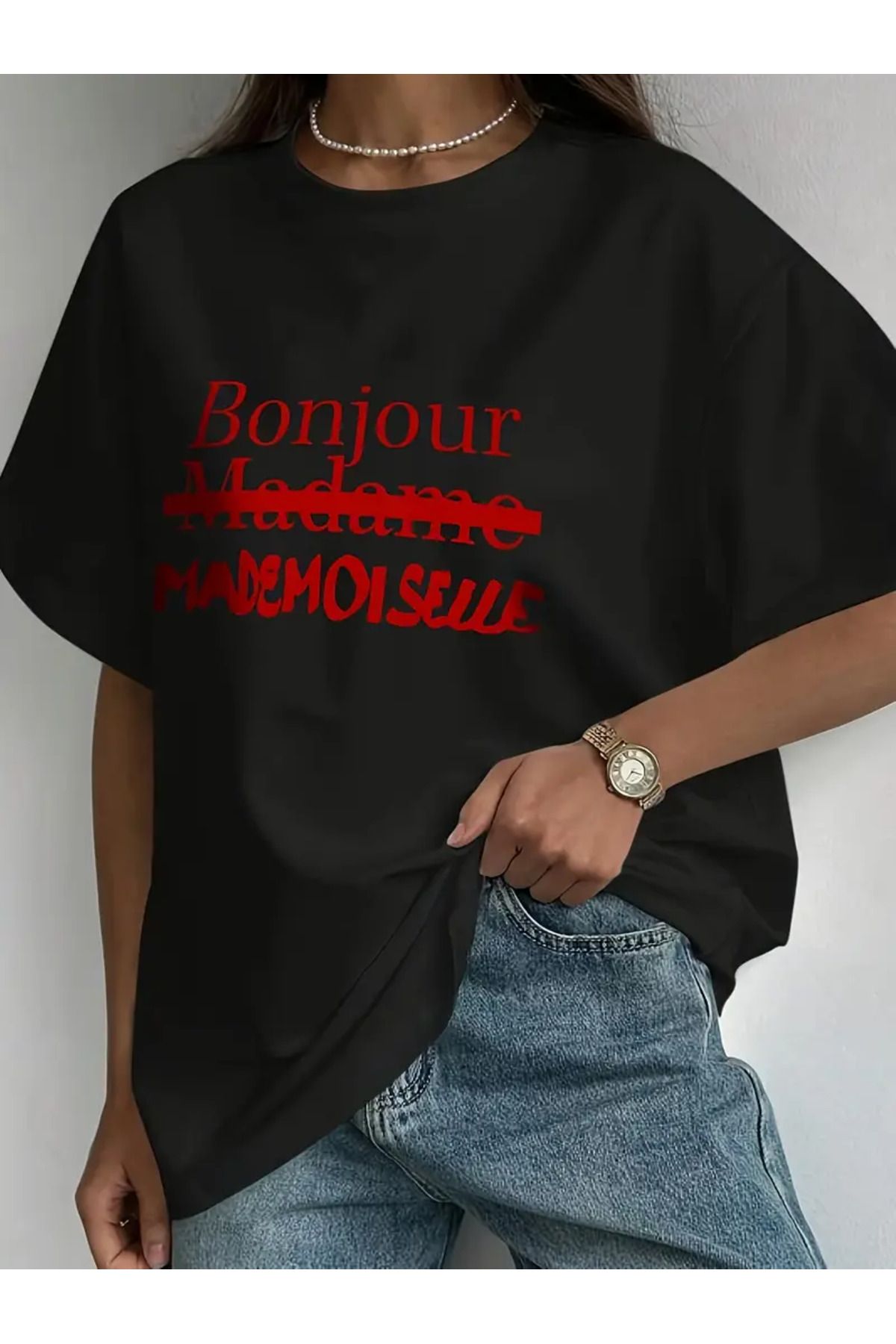 ALİKA Kadın Bonjour Baskılı Oversize Rahat Kesim Şık T-shirt