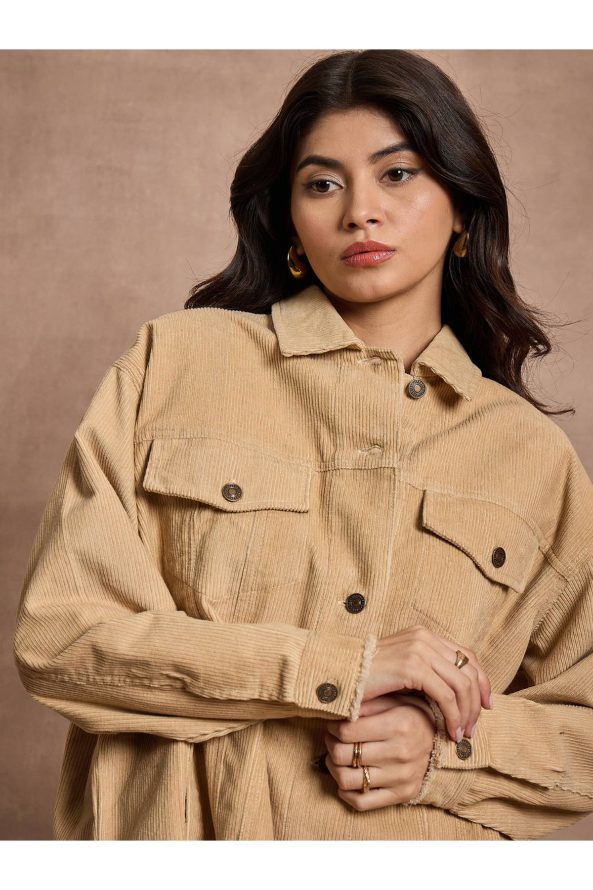Sassafras By Styli-Textured Corduroy Oversized Shacket with Pockets 4