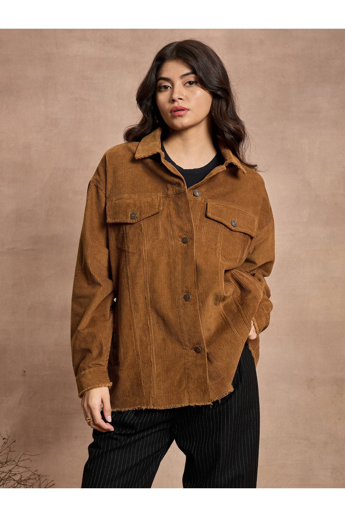 Sassafras By Styli-Textured Corduroy Oversized Shacket with Pockets 1