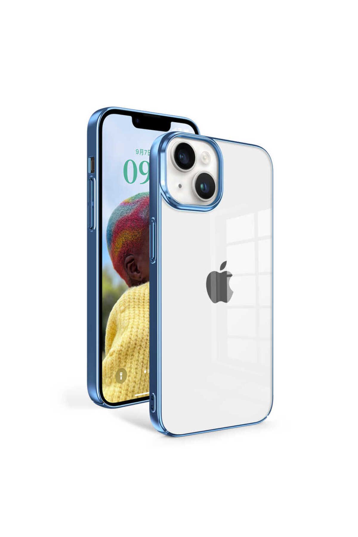 halkhouse İphone 14 Kılıf Metal Çerçeve Görünümlü Esnek Sert Silikon Sun Kapak