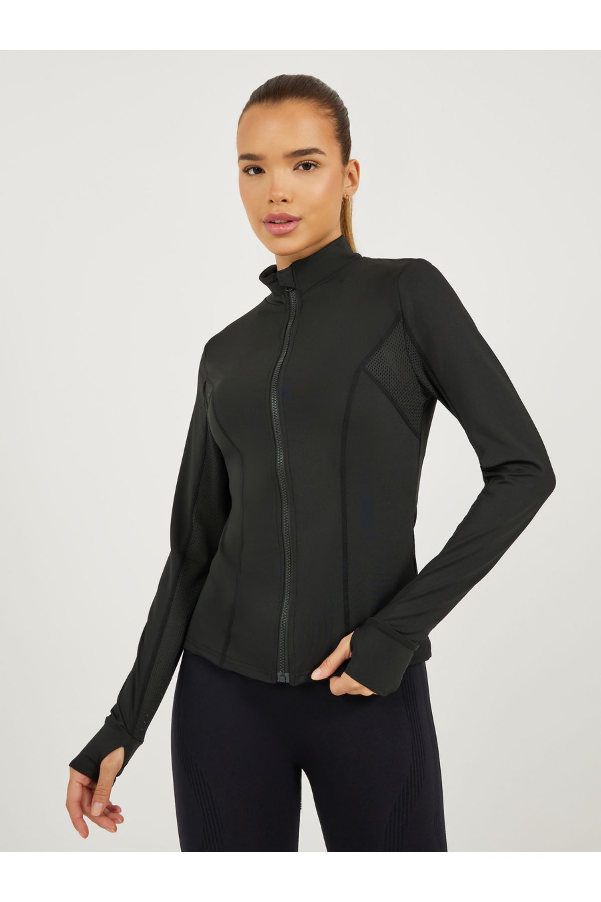 Styli-Back Slogan Print Side Panel Mesh Insert Jacket 1