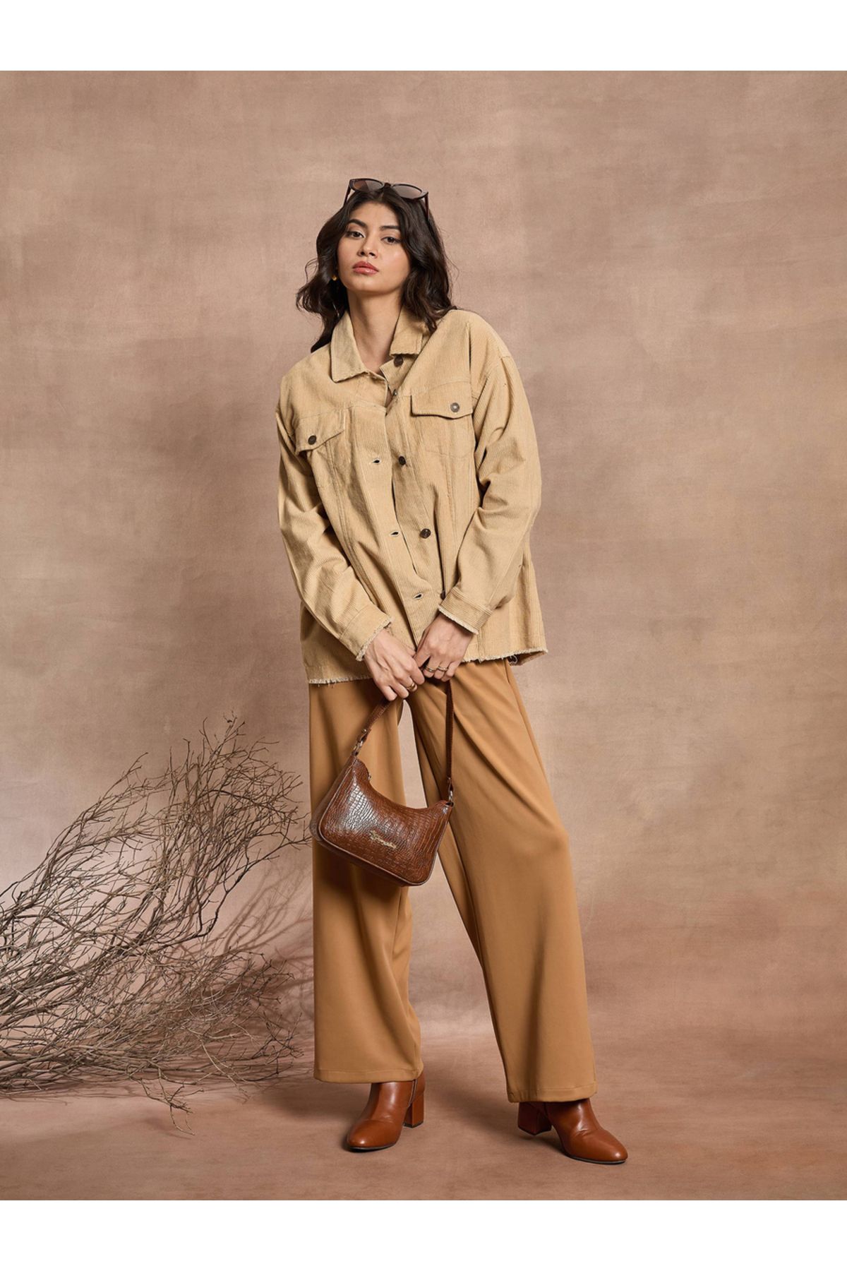 Sassafras By Styli-Textured Corduroy Oversized Shacket with Pockets 2