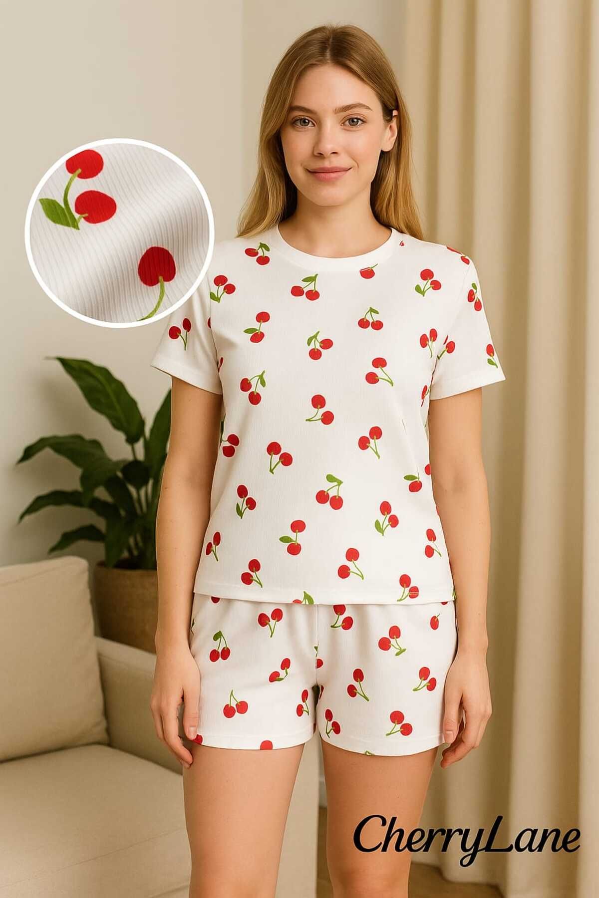 Cherry Lane Kadın Kiraz Desenli Kısa Kollu T-Shirt ve Şort Takım –Kaşkorse Ev Giyim