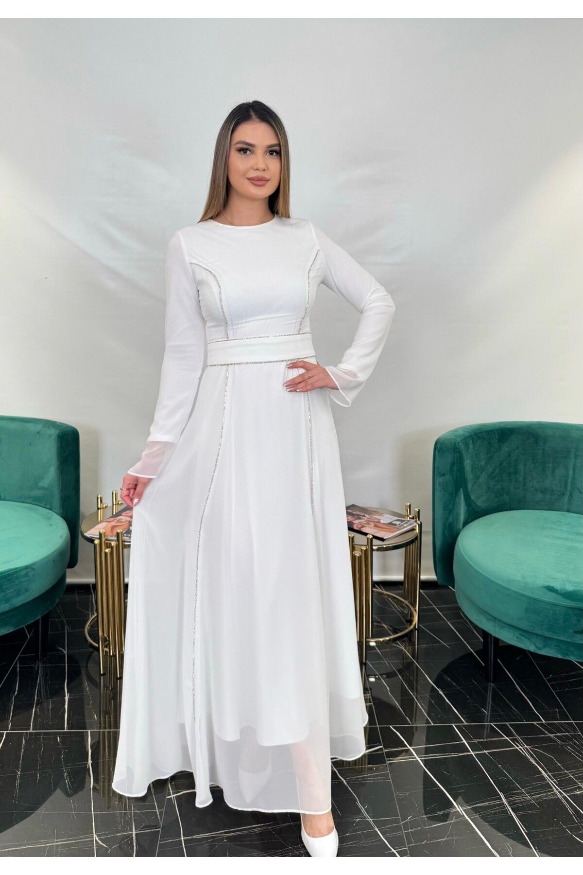 White Corner 3250 ŞERİT TAŞLI ŞİFON ELBİSE