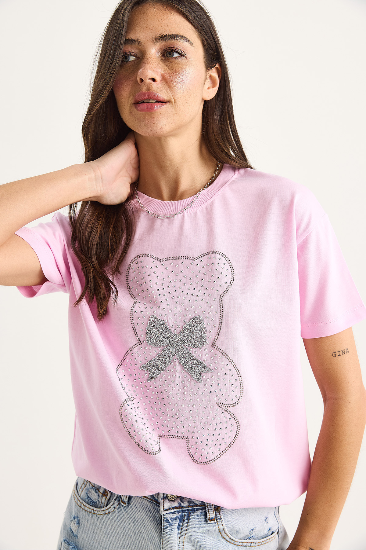 Bianco Lucci-Women's Teddy Ribbon Detailed Stone T-Shirt 60602035 3