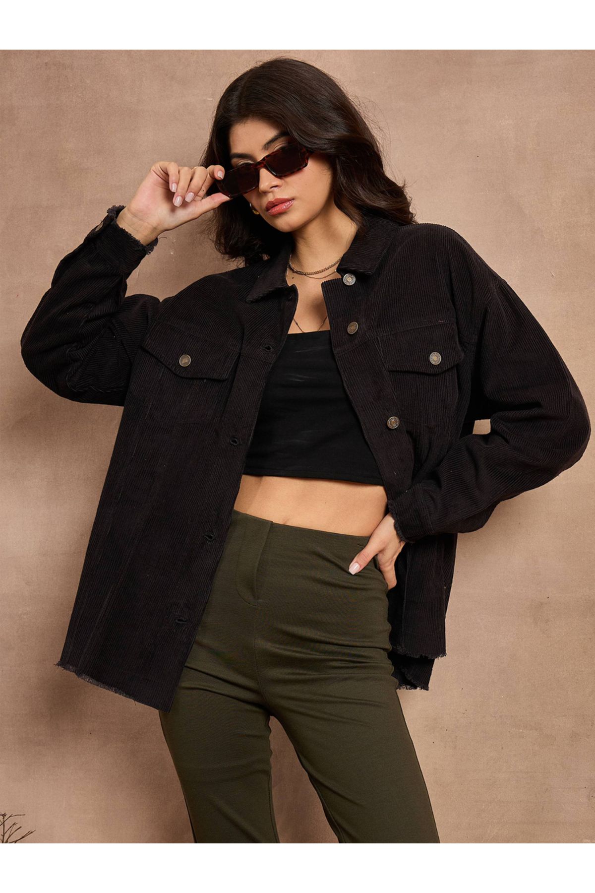 Sassafras By Styli-Textured Corduroy Oversized Shacket with Pockets 1