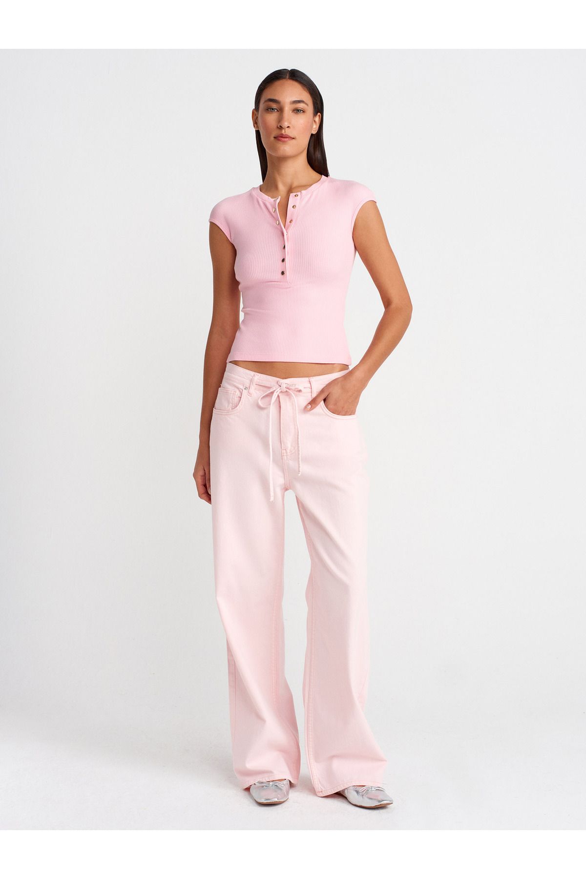 Dilvin 72009 Arkası Lastikli Pamuklu Denim Pantolon-Pembe