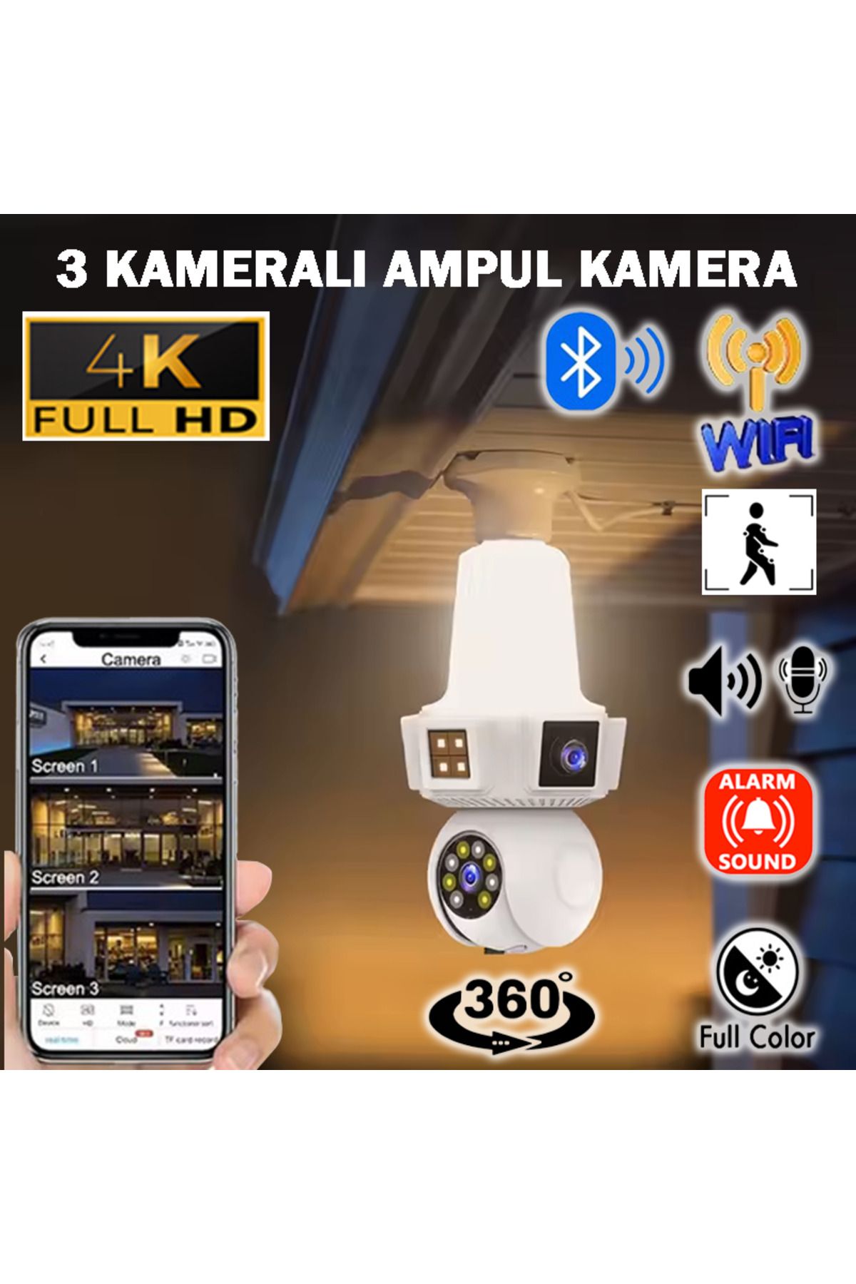 Venas 3 Kameralı duy ile çalışan 360° Dönebilir Geniş açı Hareketi bildiren Ampul Kamera