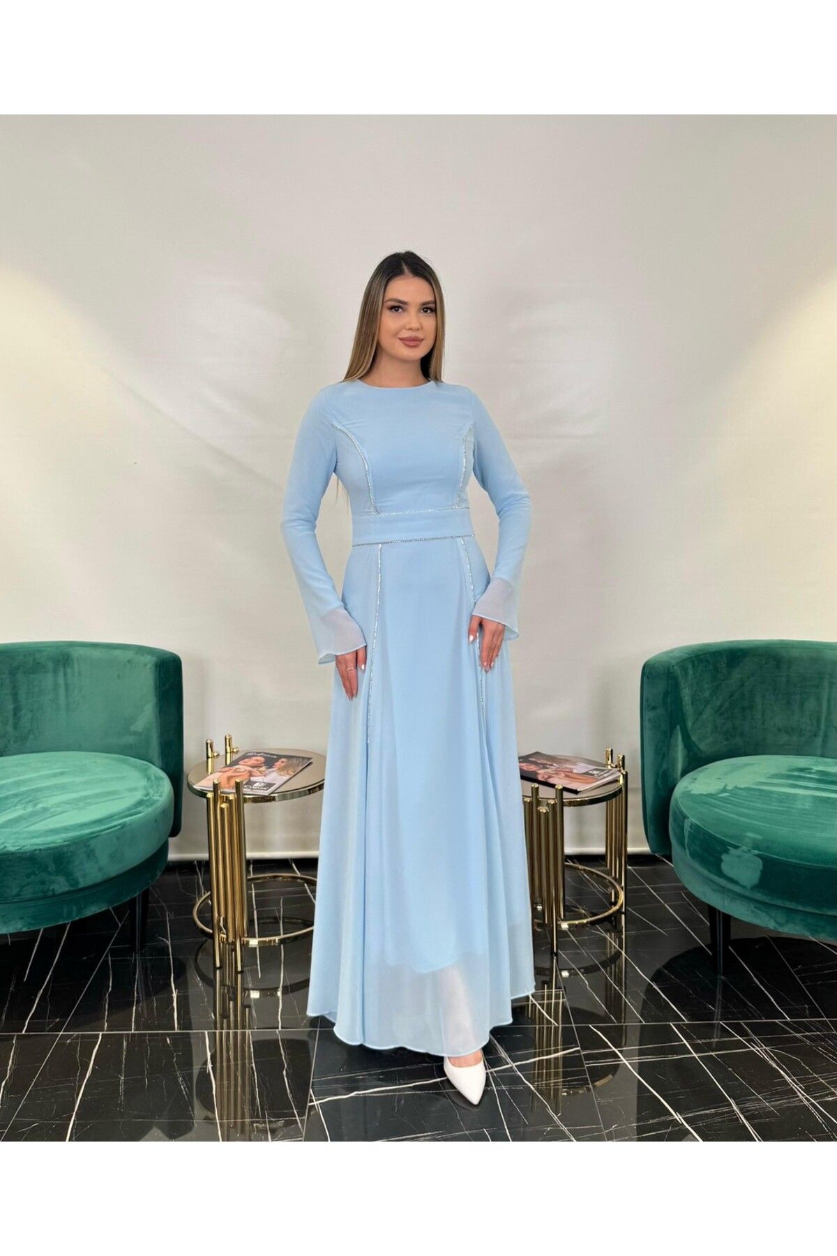 White Corner 3250 ŞERİT TAŞLI ŞİFON ELBİSE