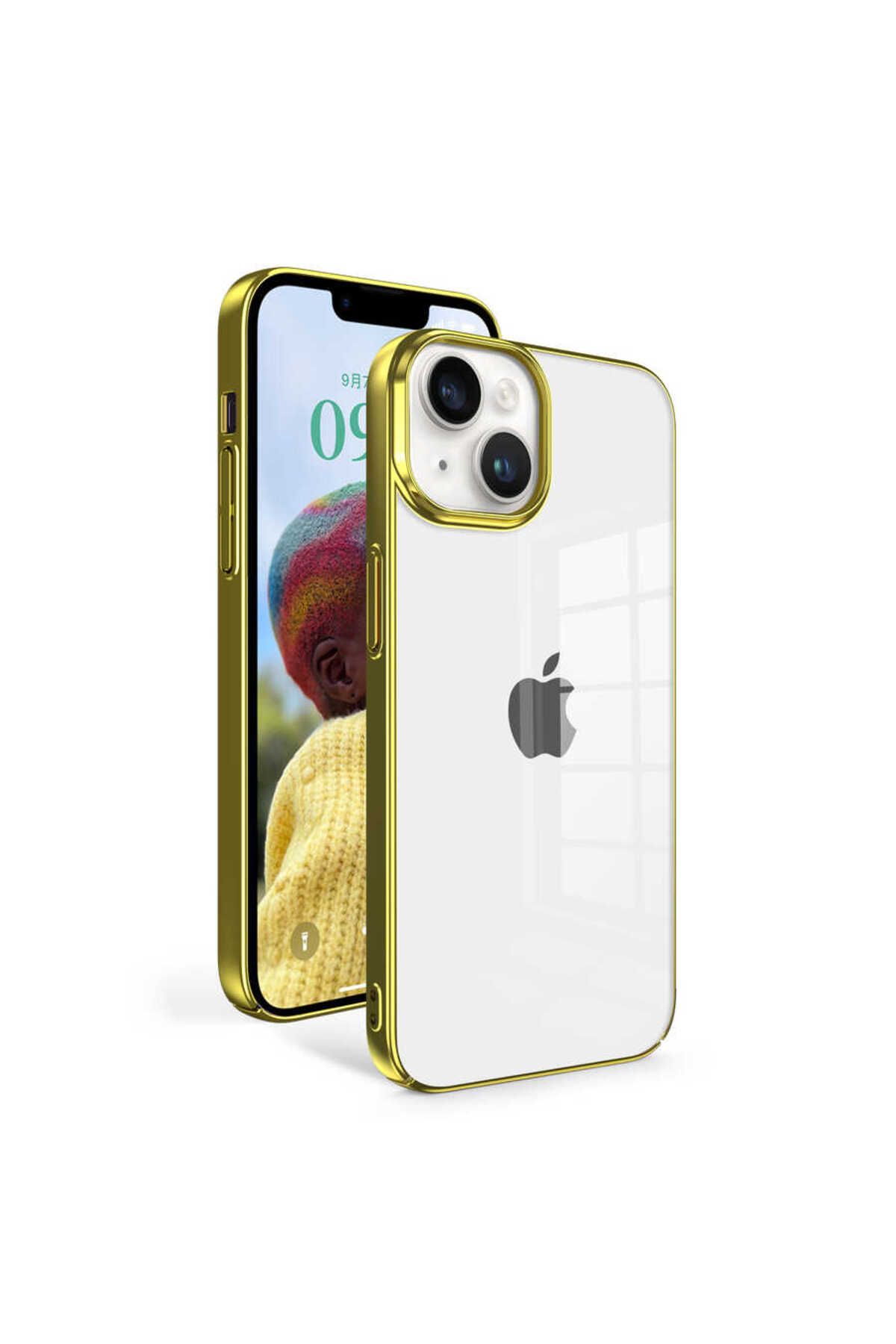 halkhouse İphone 14 Kılıf Metal Çerçeve Görünümlü Esnek Sert Silikon Sun Kapak
