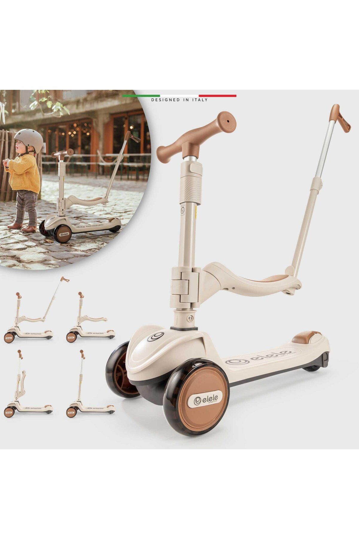 Elele Forte 3in1 Ebeveyn Kontrollü 3 Tekerlekli Çocuk Scooter Işıklı Oturaklı Kahverengi