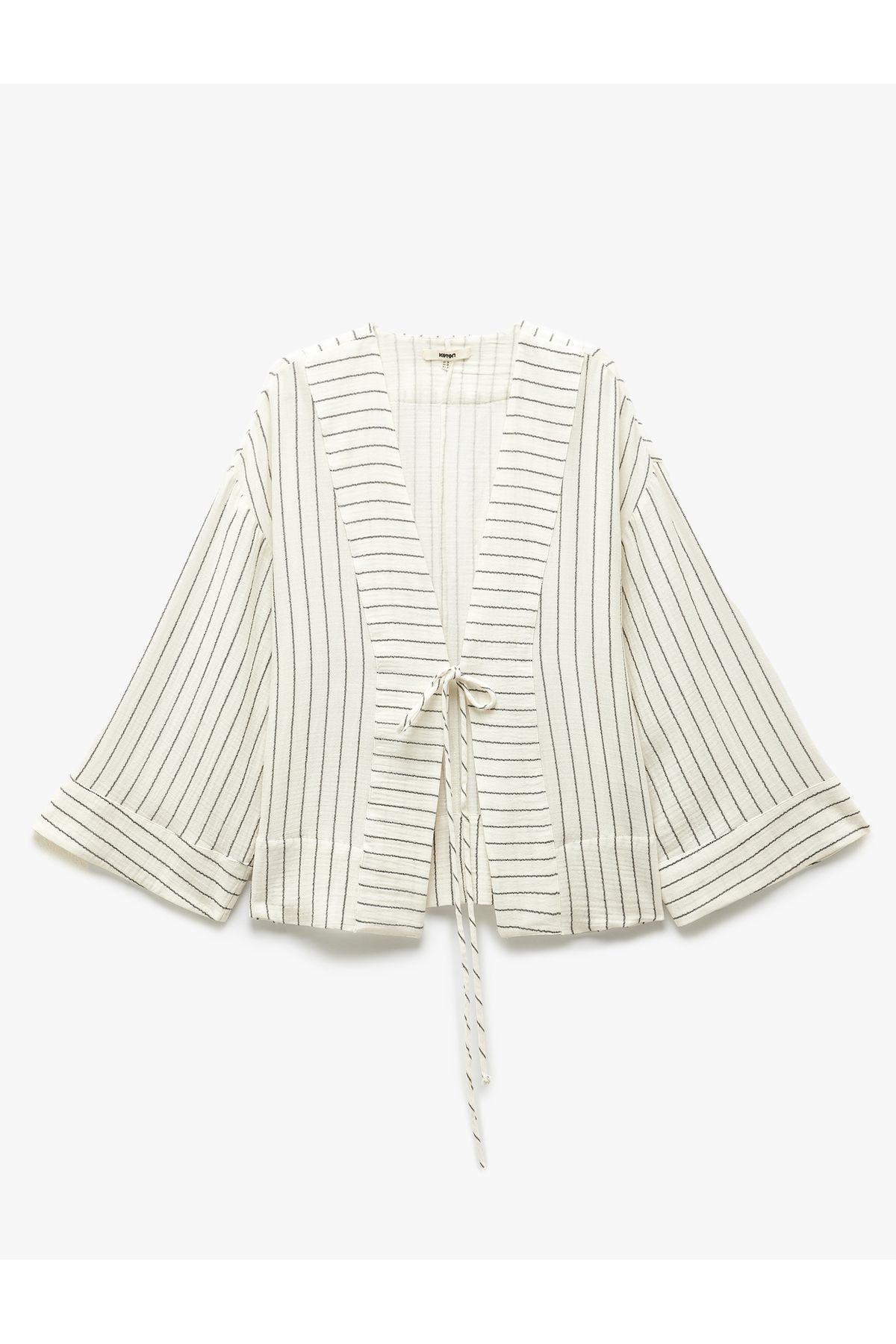 Koton-Cotton tie detail long wide-sleeve double-breasted kimono jacket. 3