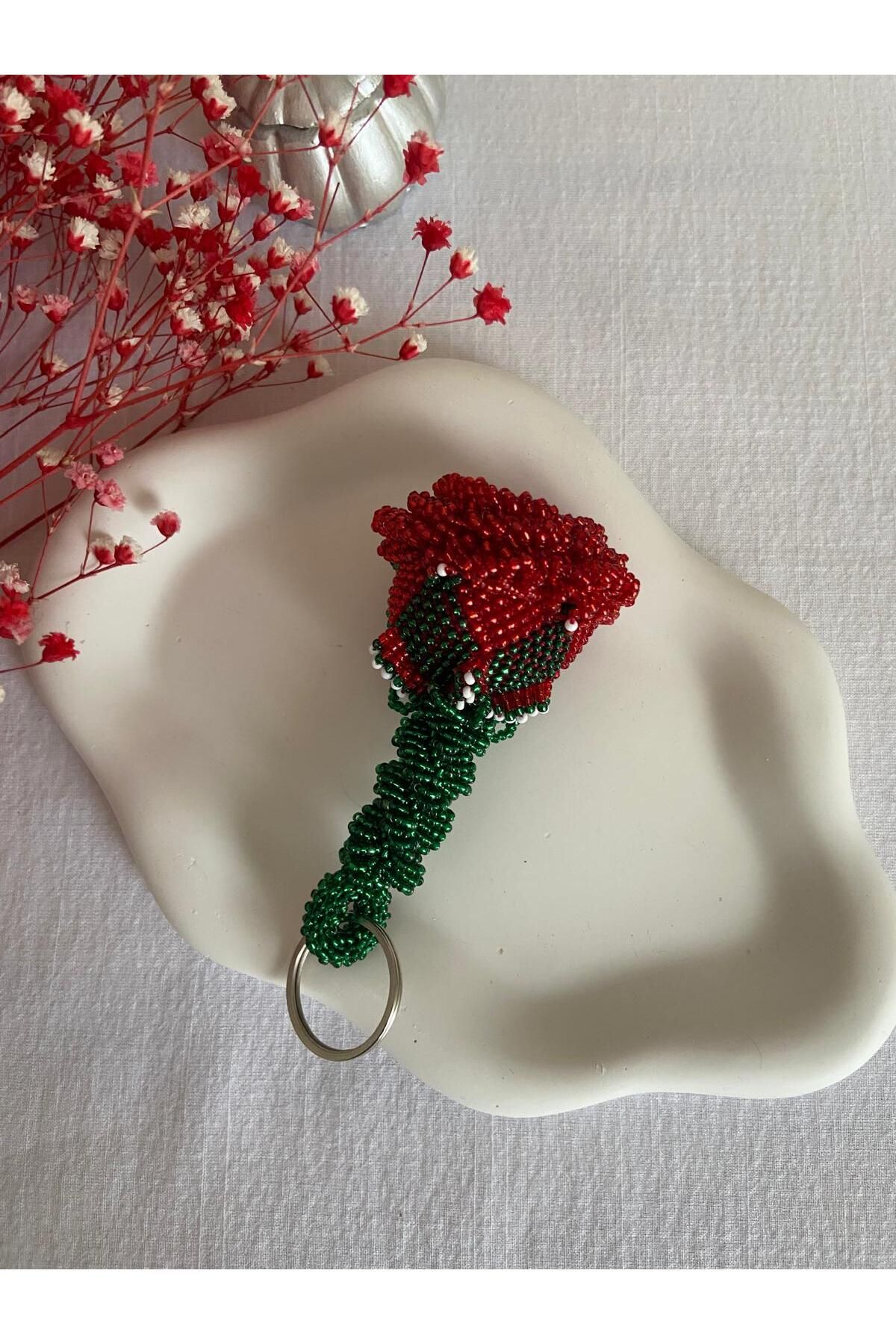 Handmade KUM BONCUK EL İŞİ BÜYÜK BOY KIRMIZI GÜL ANAHTARLIK