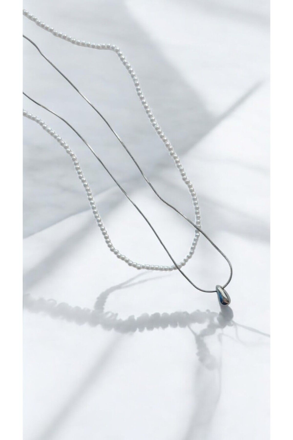 NOVA JEWELLERY Zirkon Taşlı İncili 2'li Paslanmaz Çelik Zincir Kolye |STEEL NECKLACE