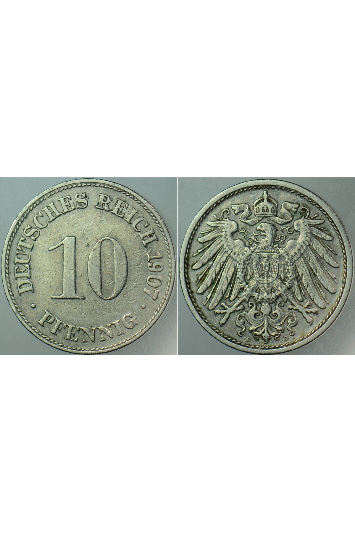 Banknoting ALMANYA İMPARATORLUĞU 10 PFENNIG 1907 D= MÜNİH DARBI REICHSPFENNIG. II. WILHELM DÖNEMİ.