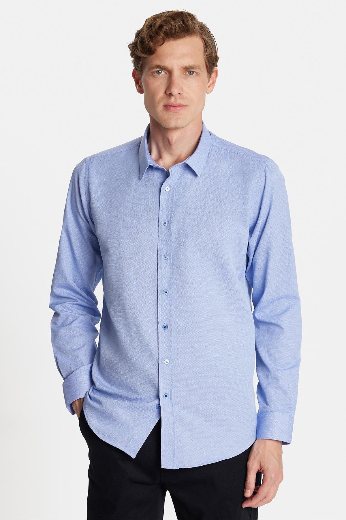Tudors Modern Slim Fit Uzun Kollu Pamuklu Kolay Ütü Armürlü Mavi Erkek Gömlek