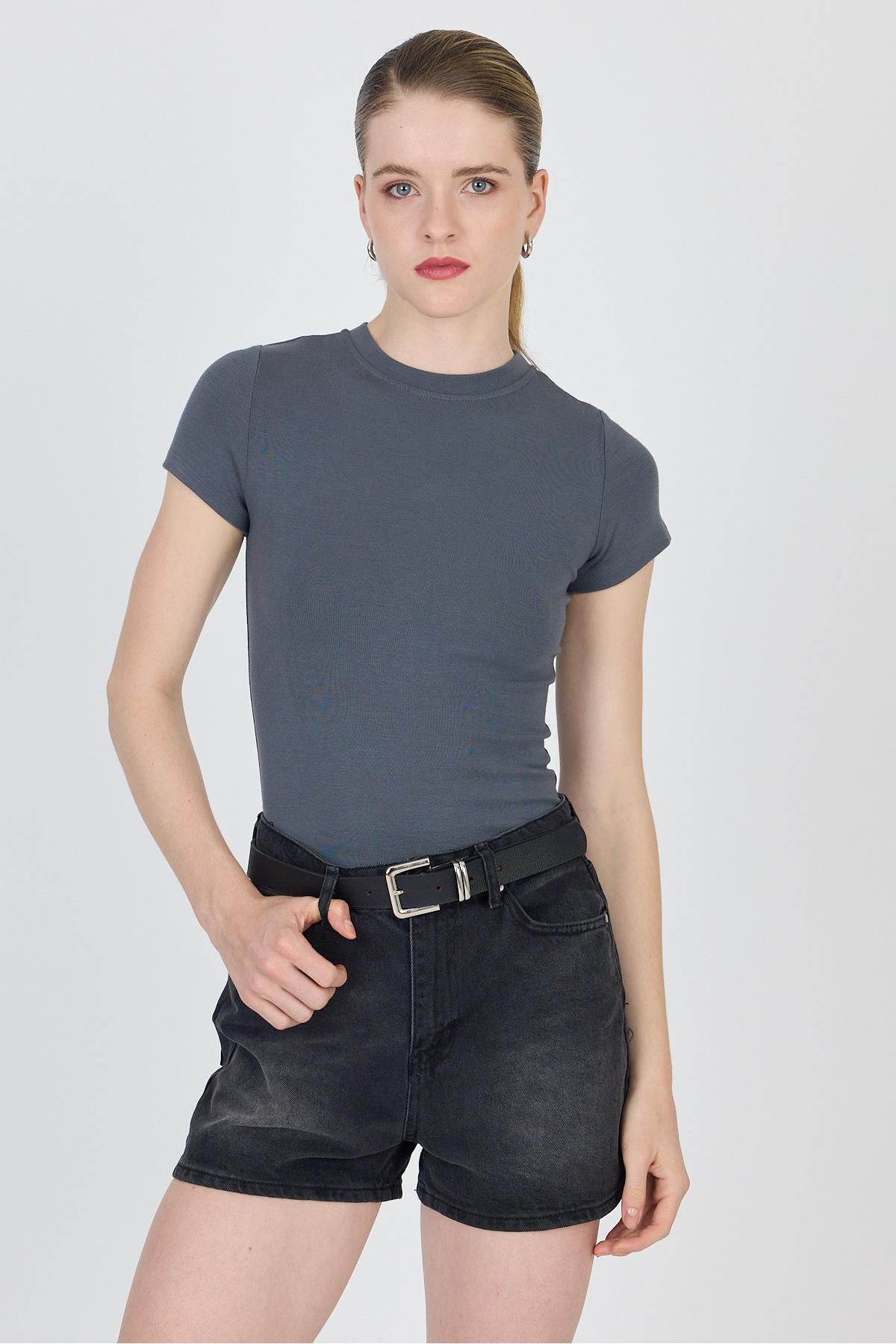 Rays Antrasit Bisiklet Yaka Viskoz/Yumuşak Kumaş Slim Fit Tişört 1468