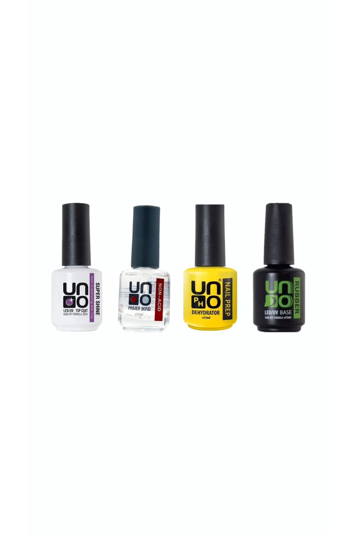 QNAİL PROFESSİONAL Uno rubber base 15ml+Uno super shine 15ml+Uno Non-Acid primer bond+Uno Nail Prep Dehydrator 15 mlSET