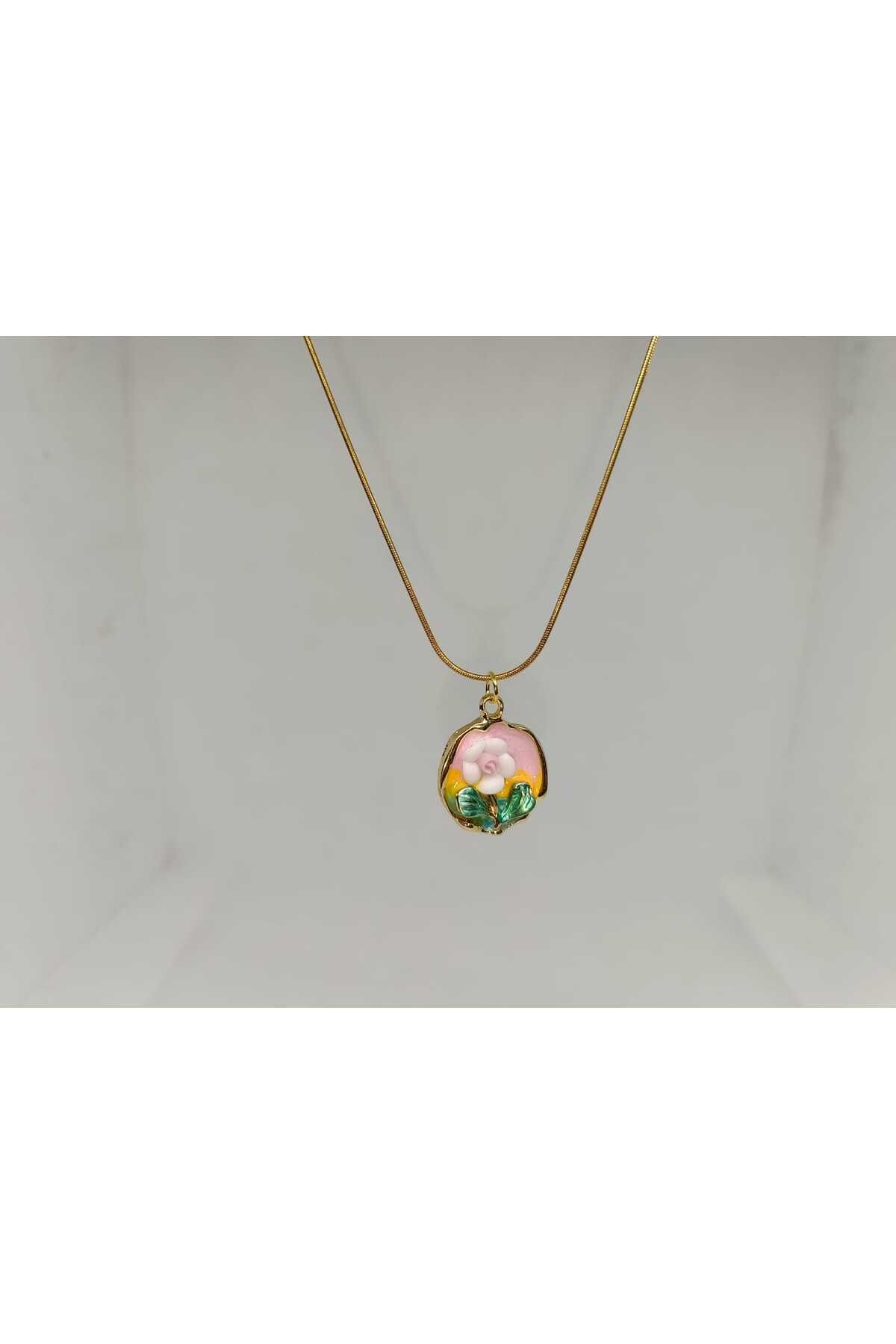 Store 316L Çiçek Temalı Paslanmaz Çelik Gold Kolye