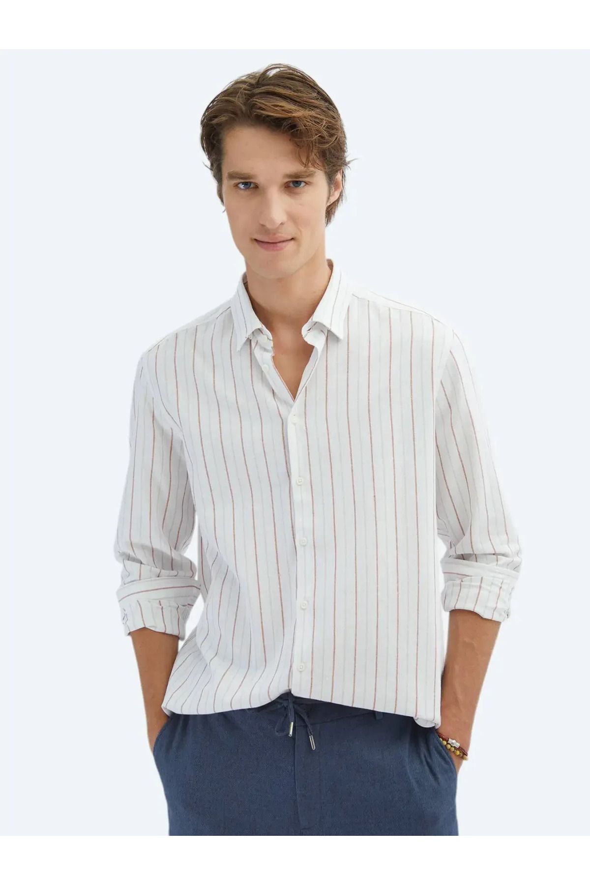 Kip Kiremit Çizgili Regular Fit Dokuma Casual %100 Pamuk Gömlek