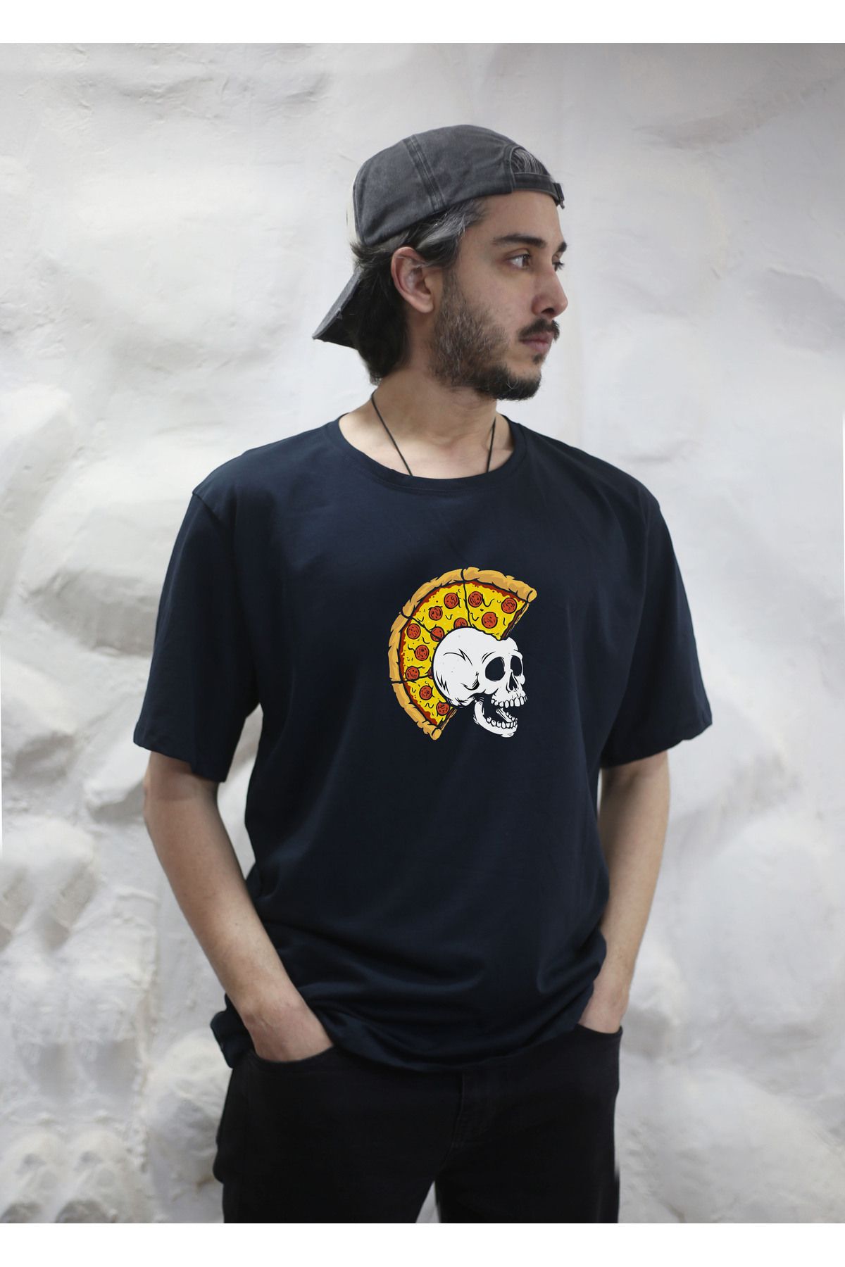 sielta Kuru Kafa Pizza Baskılı Oversize Erkek Pamuklu Lacivert Tişört T-shirt