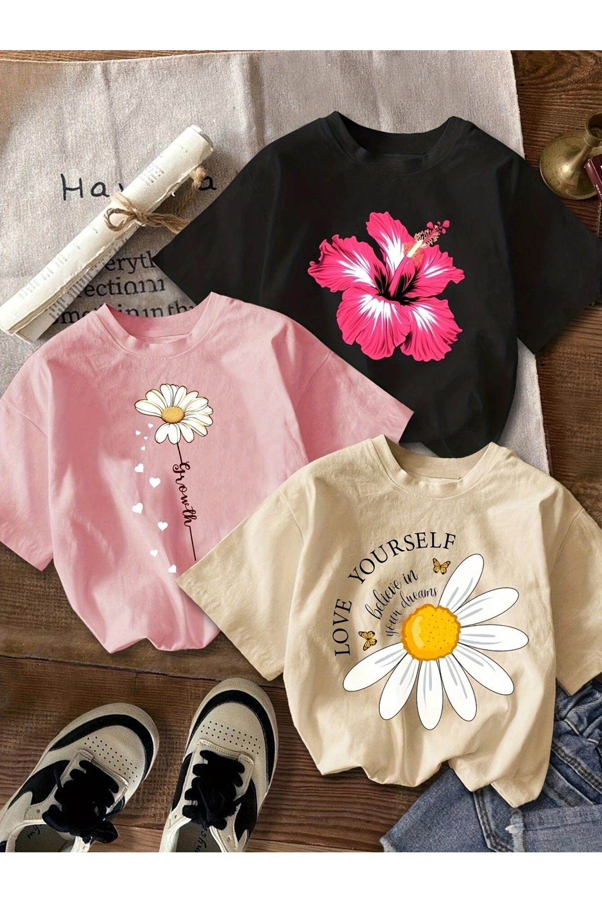 aynewmoda 3'lü kadın günlük şık gömlek seti, çiçek desenli kısa kollu. 3 parça 1200