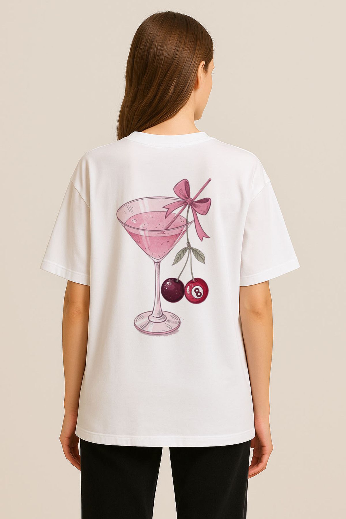 sielta Kokteyl Kiraz 8 Topu Oversize Kadın Pamuklu Beyaz Tişört T-shirt