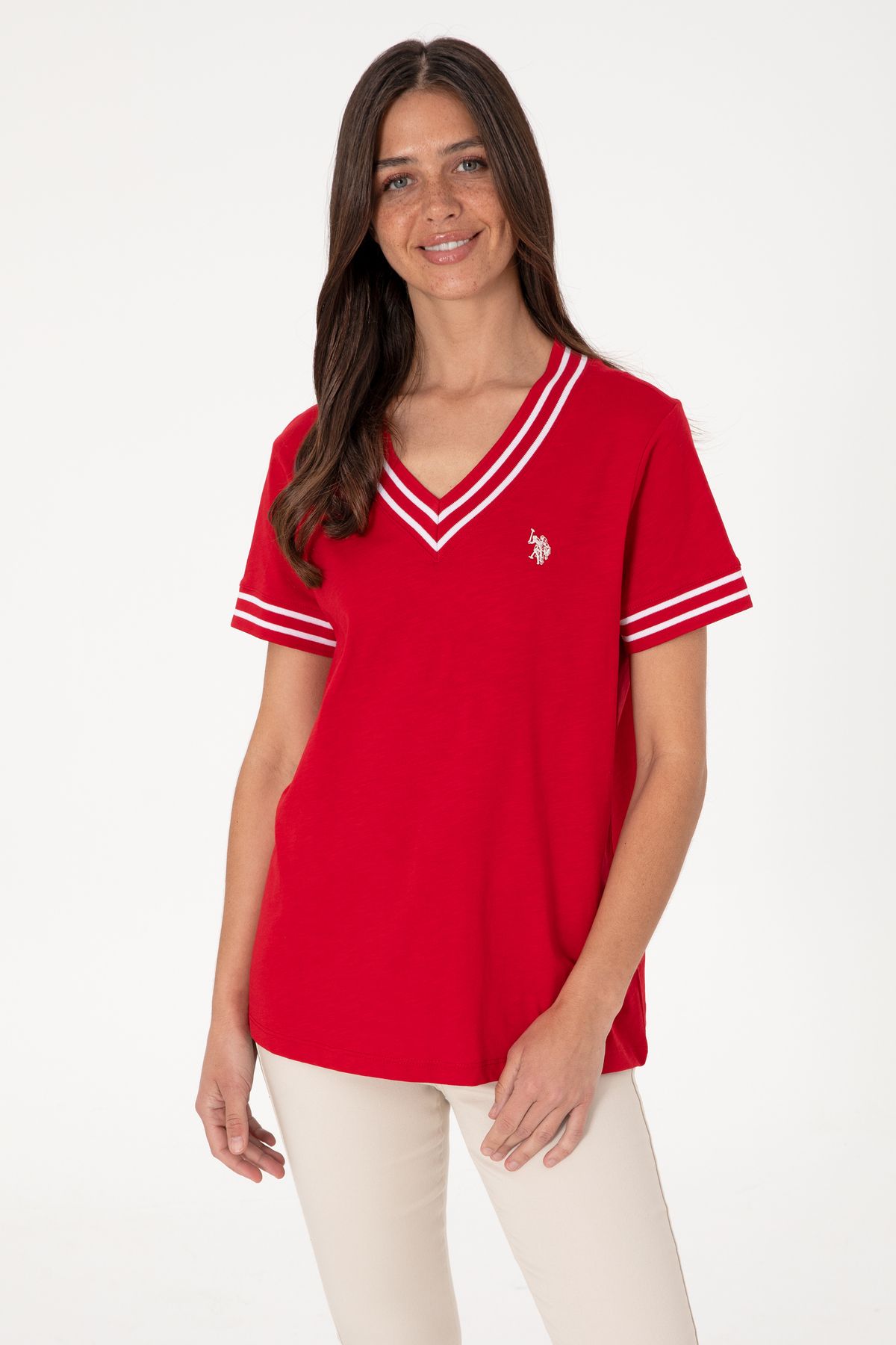 U.S. Polo Assn. Kadın Kırmızı V Yaka Tişört 50305770-VR030