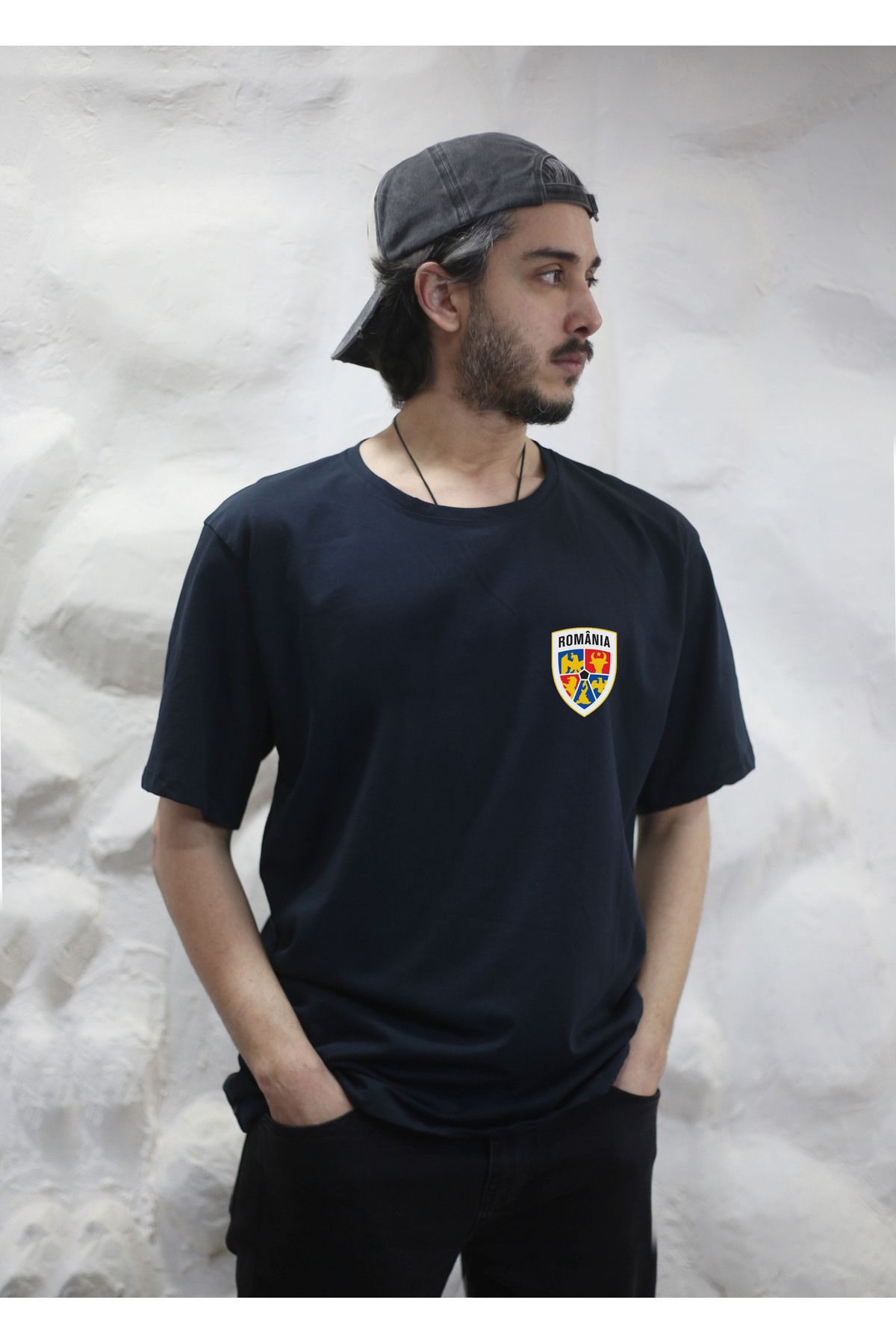 sielta Romanya Futbol Takımı Oversize Erkek Pamuklu Lacivert Tişört T-shirt