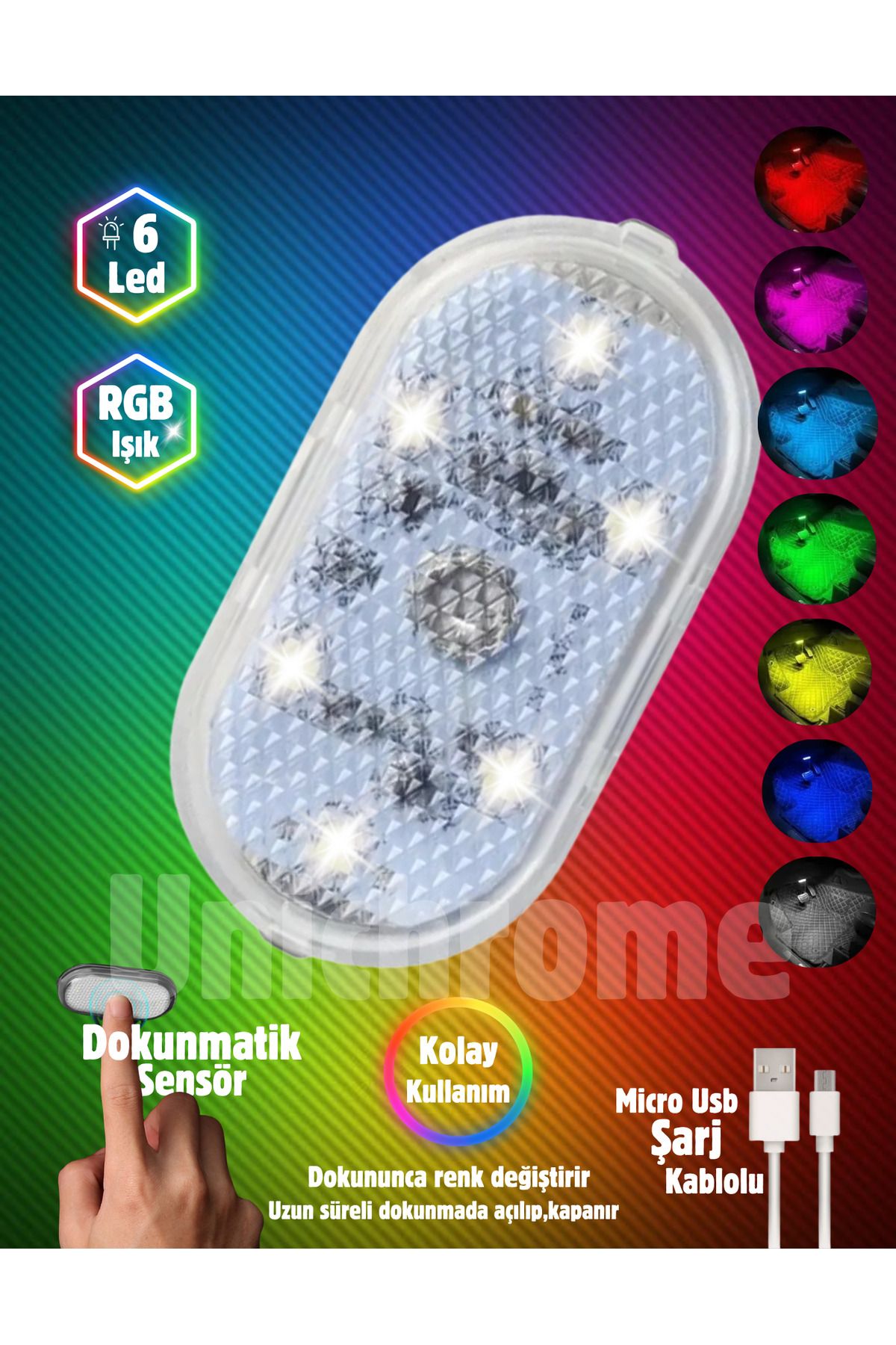 Folveit Dokunmatik Mini 6 Led Lamba Usb Şarj Edilebilir Rgb Işık Ayak Altı Torpido Lambası