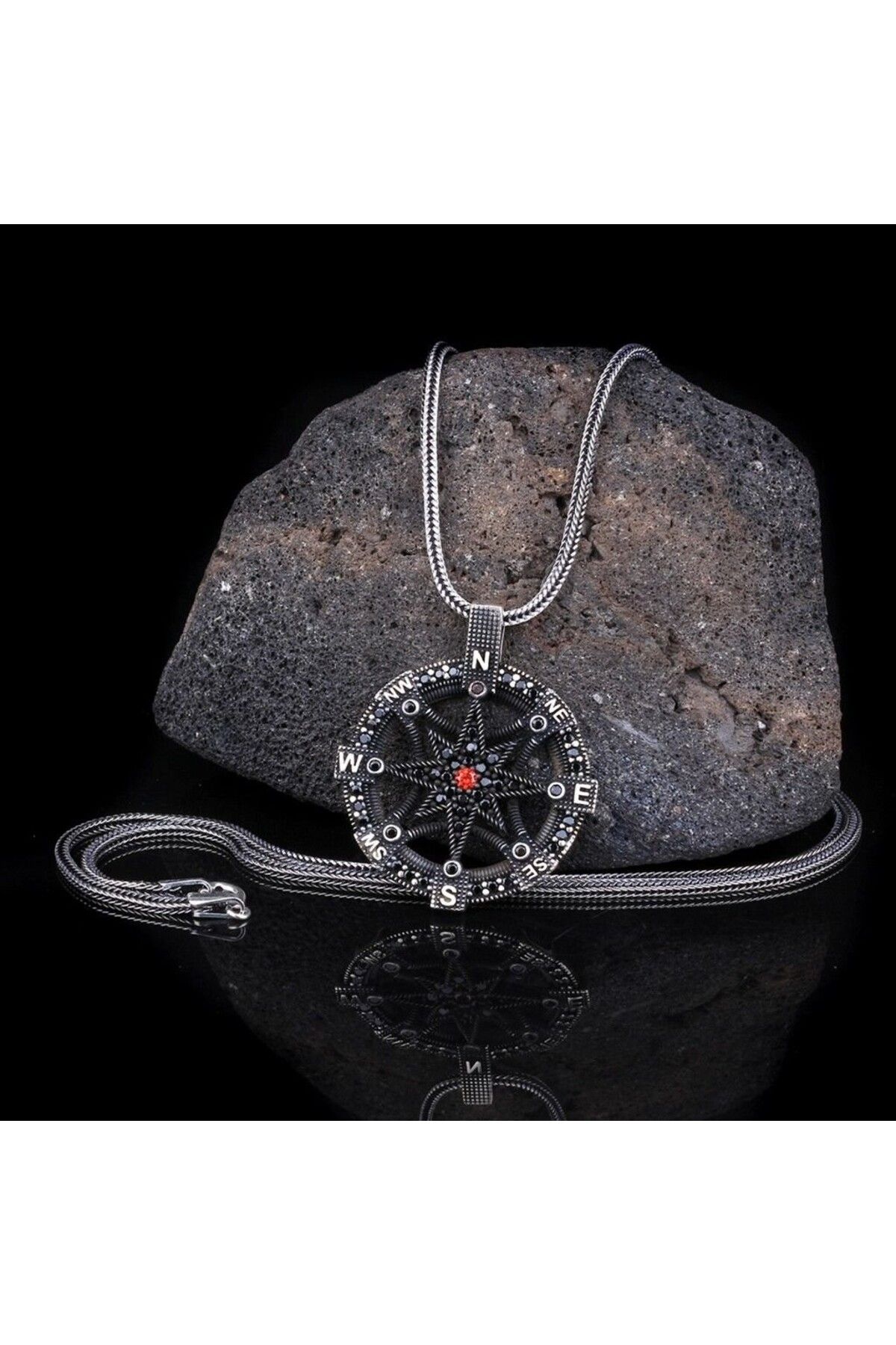 shop Zirkon Taşlı Pusula 925 Ayar Gümüş Erkek Kolye