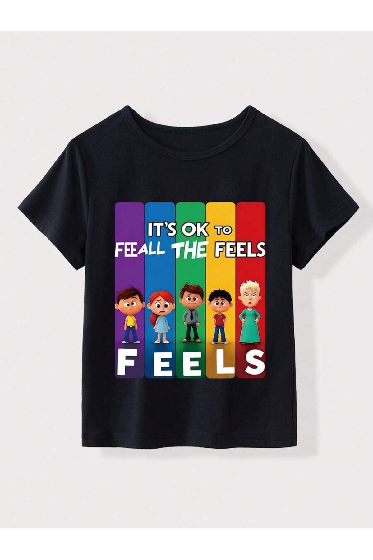 ELNOYA Unisex Pamuklu Siyah Oversize "Feals" Baskılı Rahat Günlük T-shirt