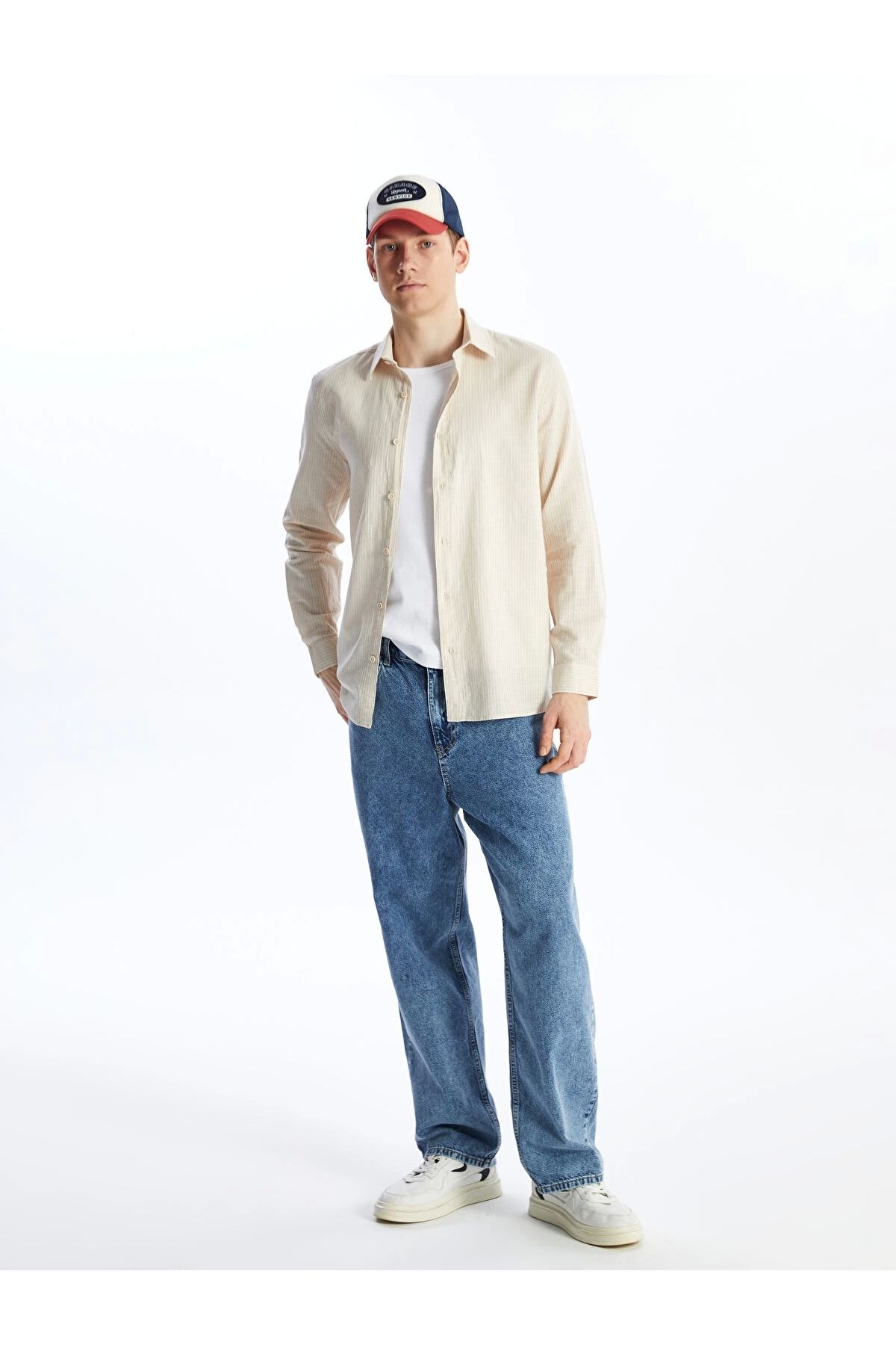 LC Waikiki-Ανδρικό πουκάμισο XSIDE Μπεζ Regular Fit με μακρυμάνικο λινό μείγμα 3