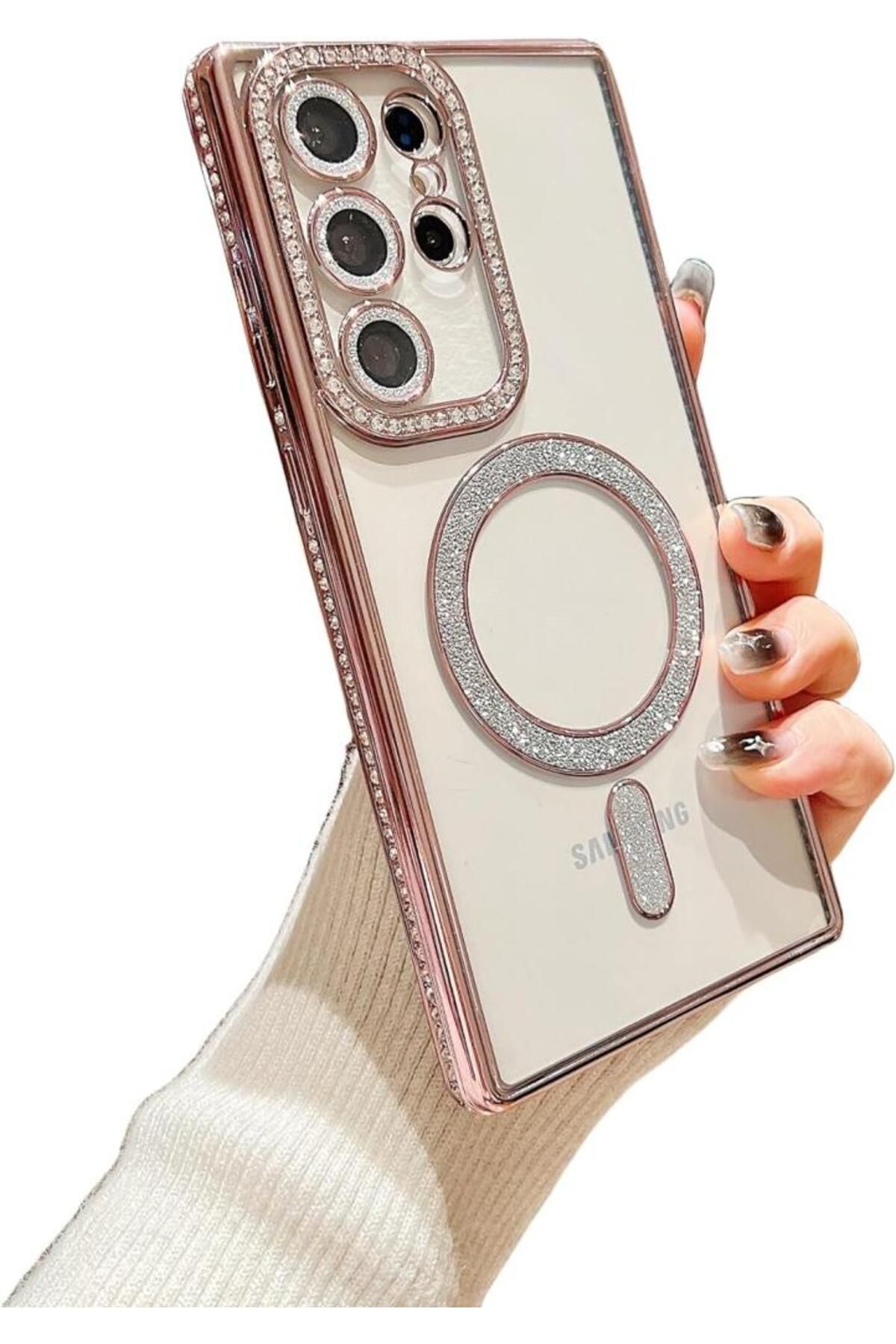 UnDePlus Samsung Galaxy S23 Ultra Kılıf Simli Magsafe Kamera Kenar Taşlı Kapak