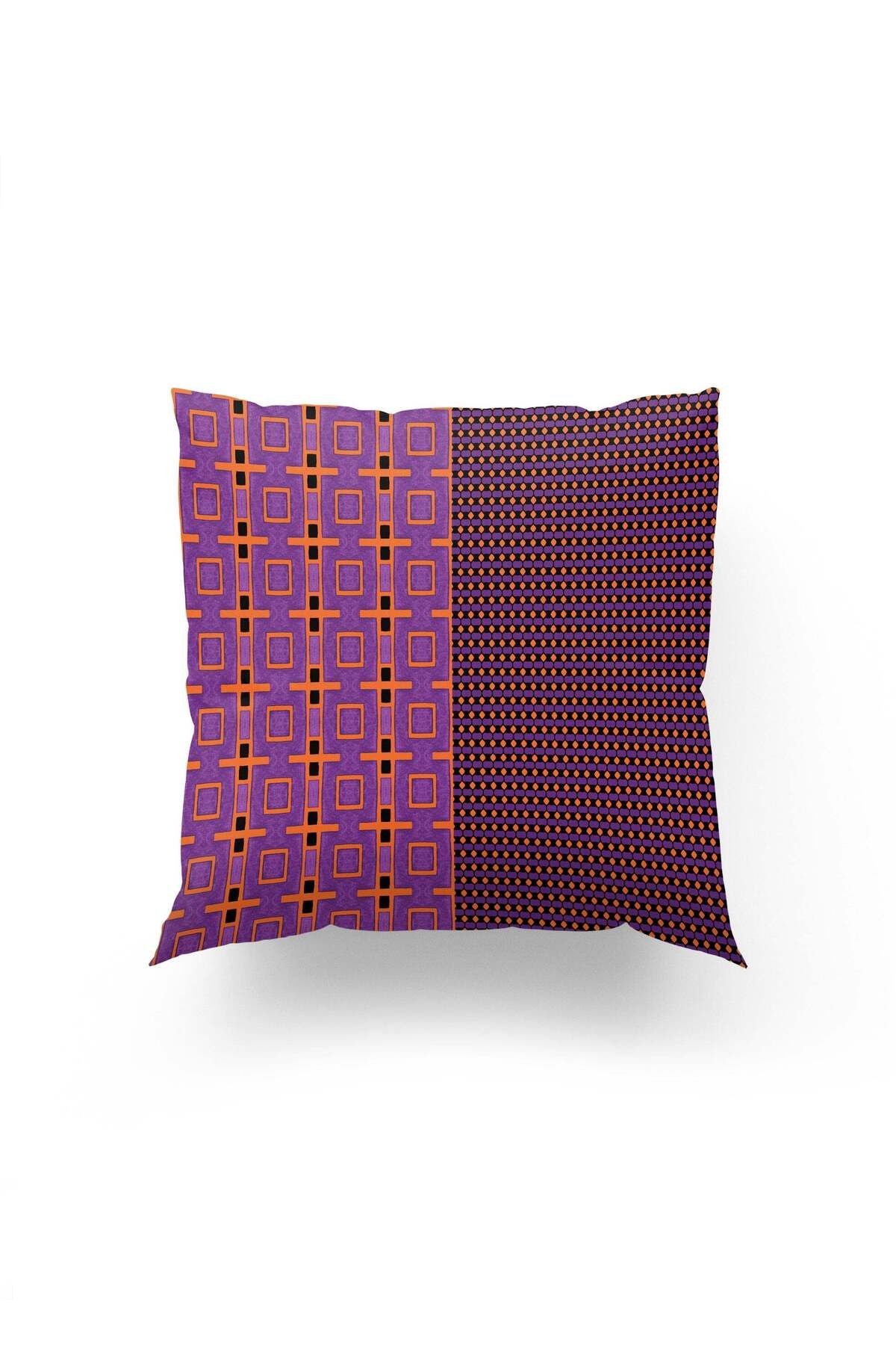 Dokumio Violet & Orange Modern Geometrik Desenli Kırlent Kılıfı