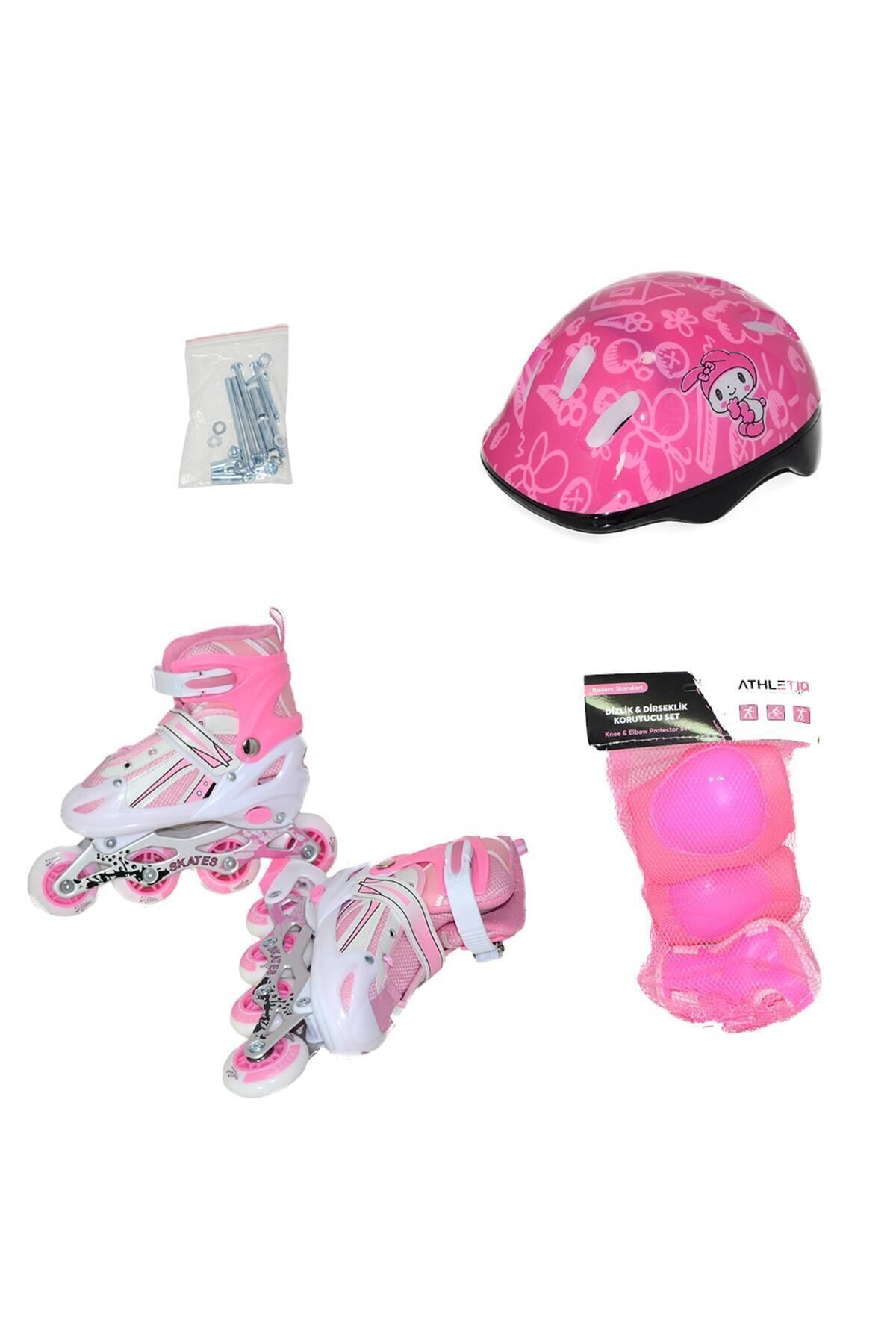SerenityHaven Unisex Çocuk Pembe Alüminyum Gövde Ortopedik Işıklı Koruyucu Full Set Paten