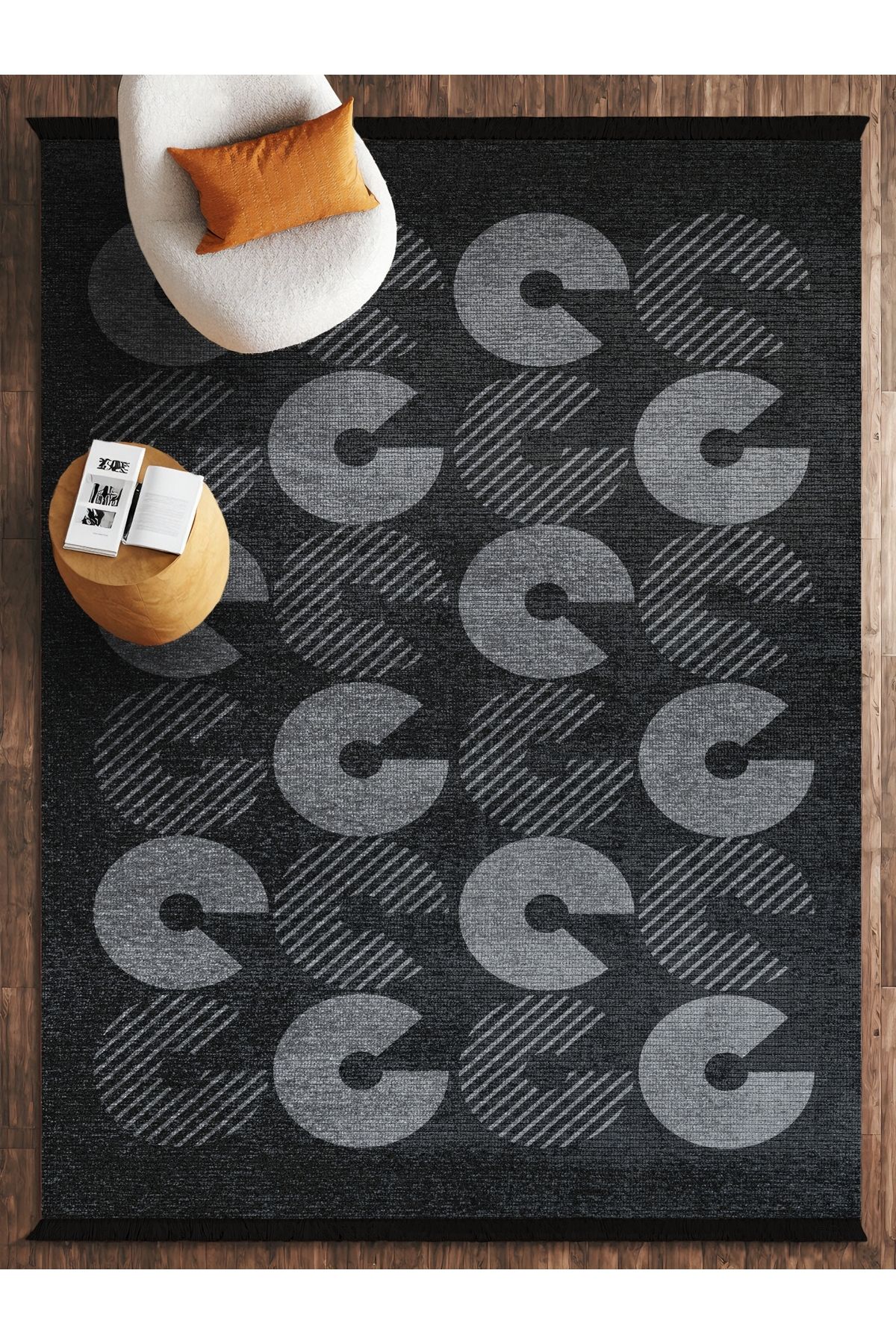 HALIZZON Antrasit Geometrik Halı Trend Modern İskandinav Tasarım Dijital Baskı Halı