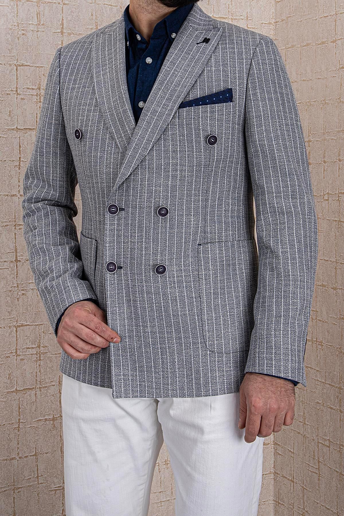 PR PACO ROMANO ART OF FASHİON ERKEK SLİM FİT SİVRİ YAKA TORBA CEP LACİVERT ÇİZGİLİ KRUVAZE CEKET