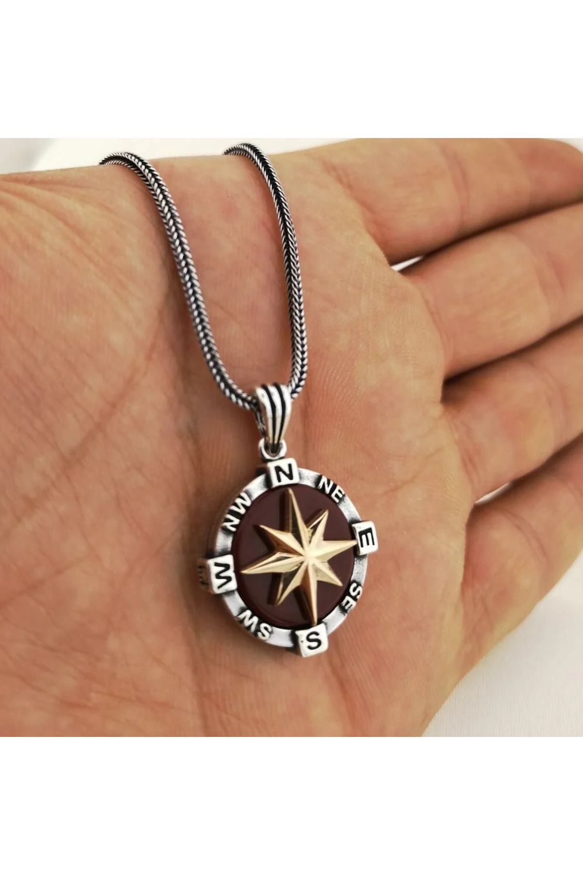 shop Kırmızı Pusula 925 Ayar Gümüş Erkek Kolye