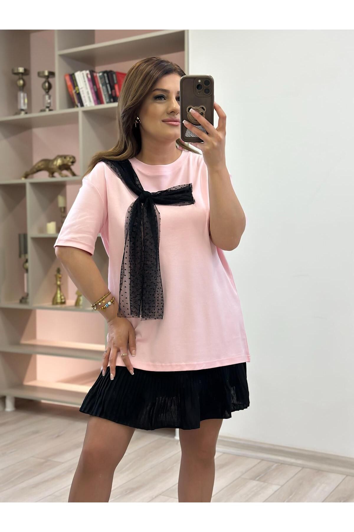 MELTEM TUĞAN Tül Fiyonk Detaylı Tshirt PUDRA