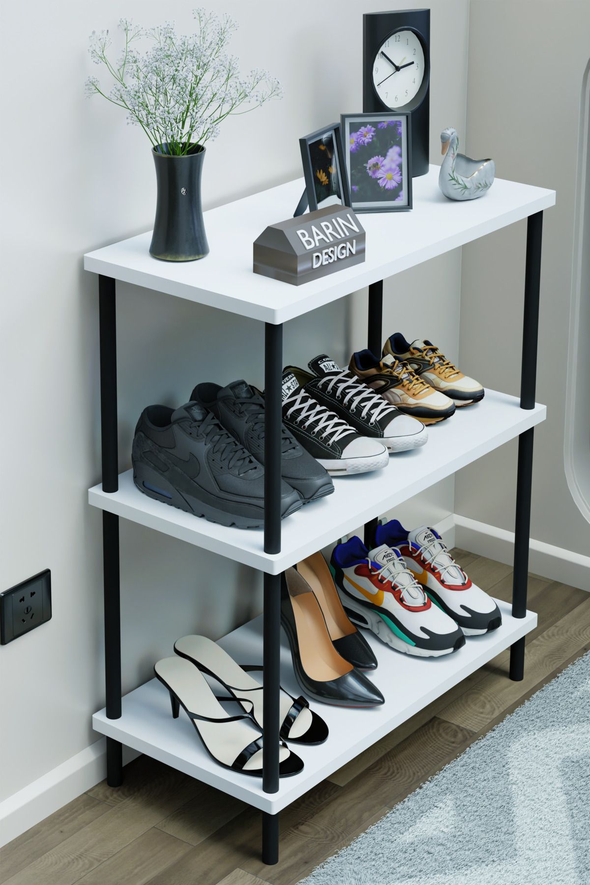 BARIN DESIGN 3 Katlı Ayakkabılık Raf - Çevir Tak Sistemli | Kolay Kurulum | Metal Gövde | Ahşap Raflı Organizer